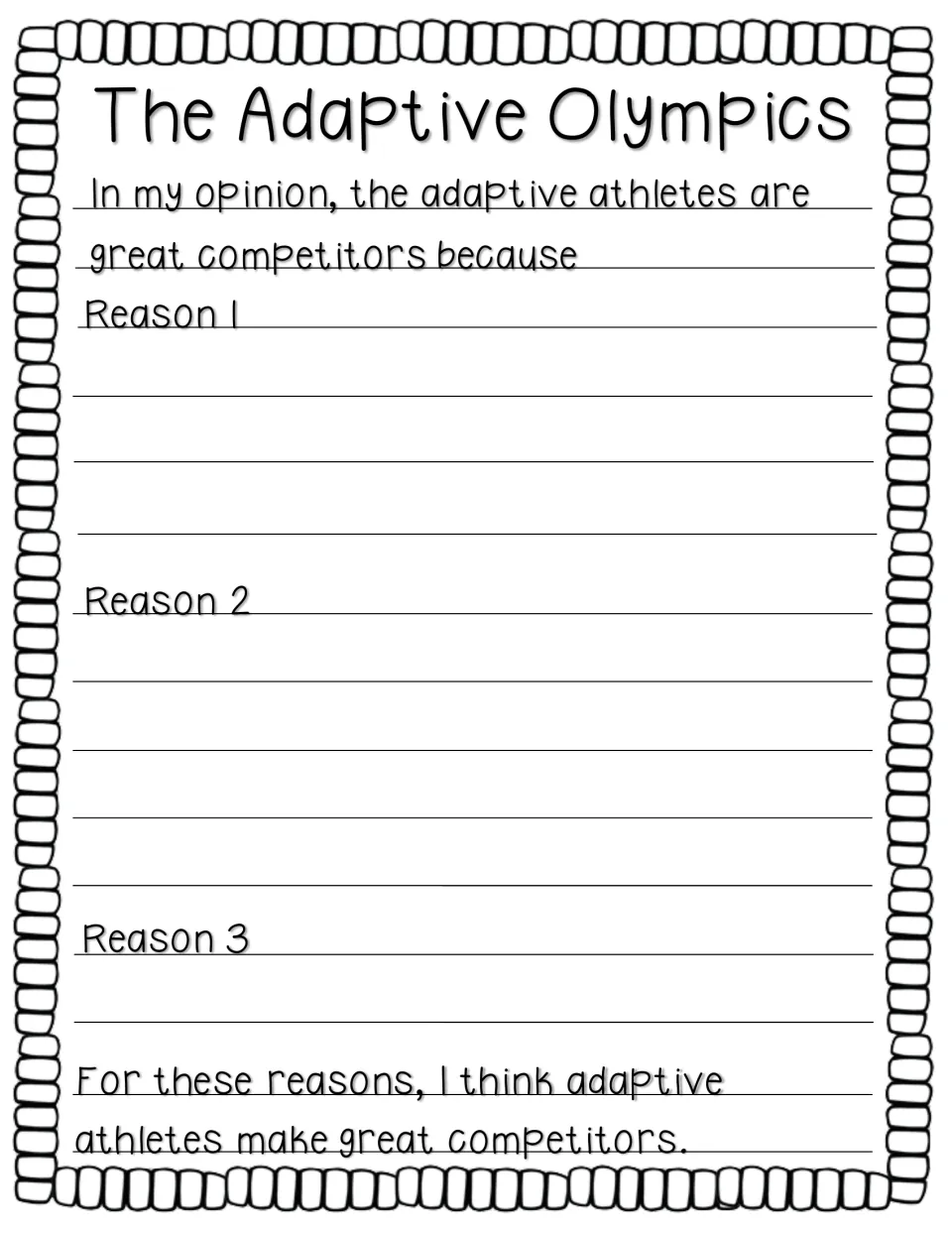 Adaptive Olympics opinion writing: students tell why adaptive athletes are great competitors under Reason 1, 2 and 3