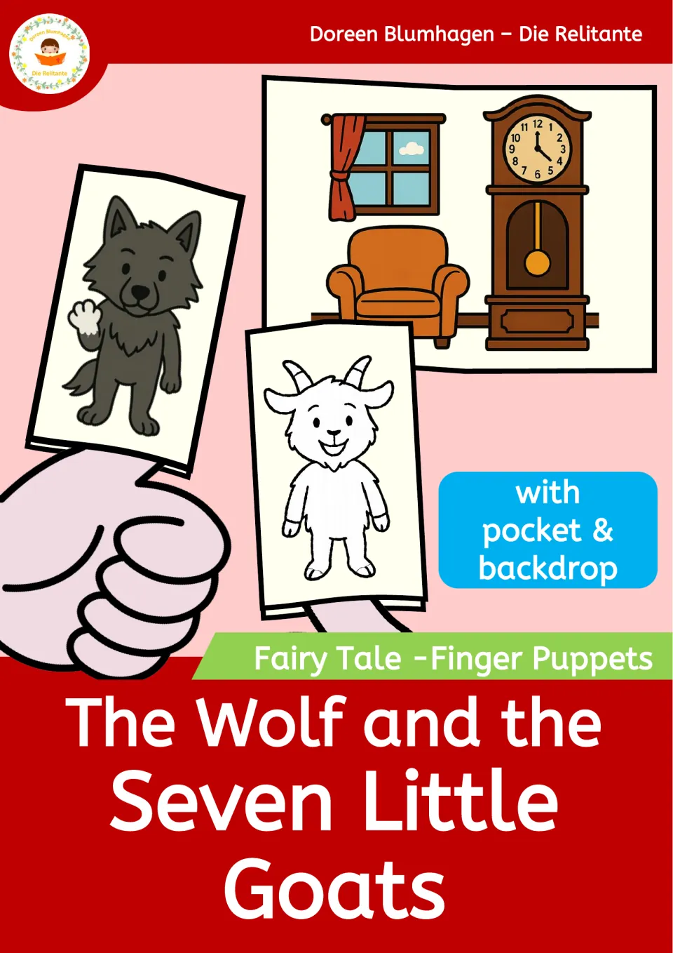 Cover: Fairy Tale Finger Puppets set with wolf and goat puppets, a living-room backdrop, and a note: with pocket & backdrop