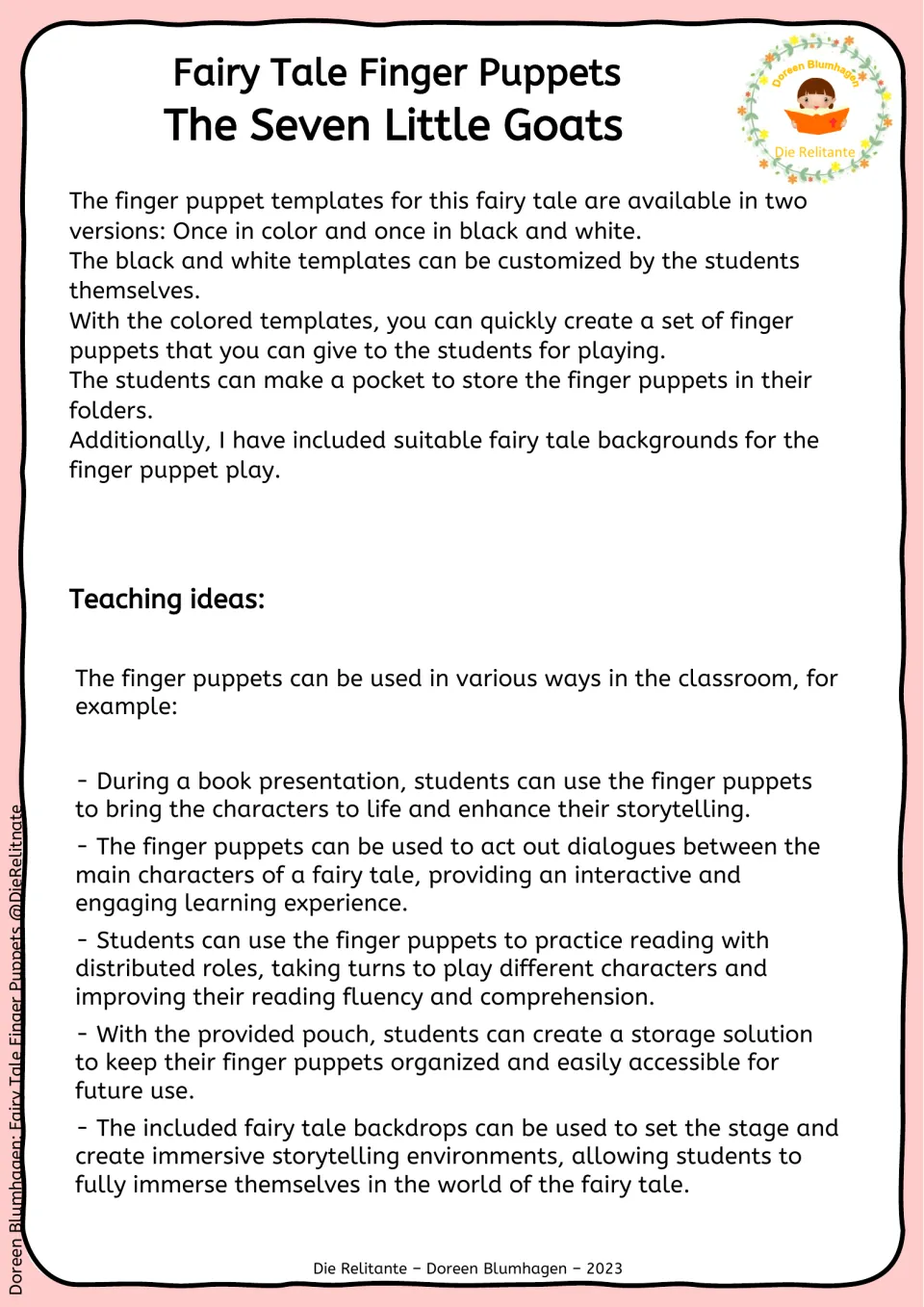 Teacher notes: colour and black-and-white puppet versions, a storage pocket, backdrops, and five teaching ideas for role play