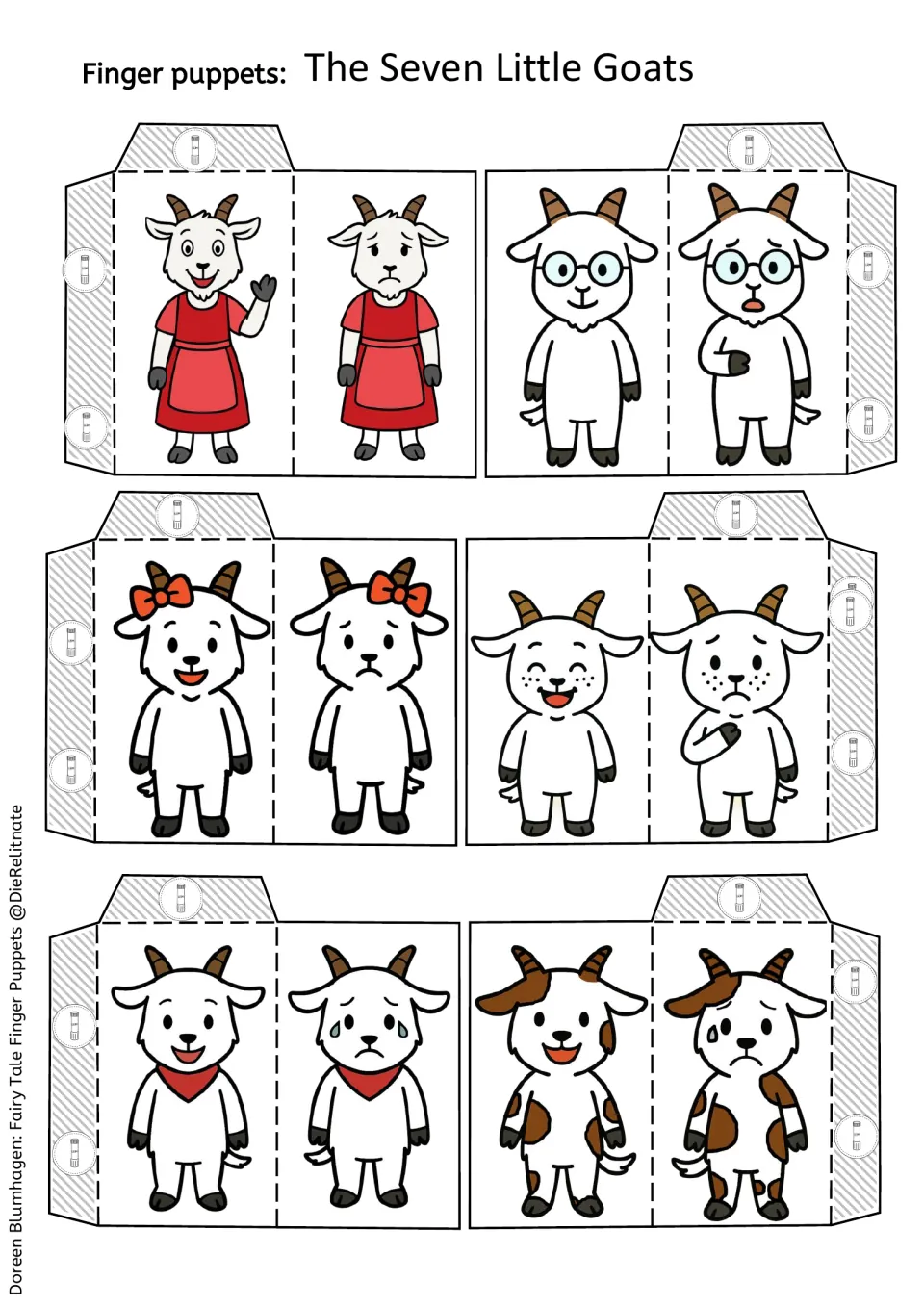 Colour finger puppets: mother goat in a red dress and five little goats, each drawn with a happy front and a sad back to fold