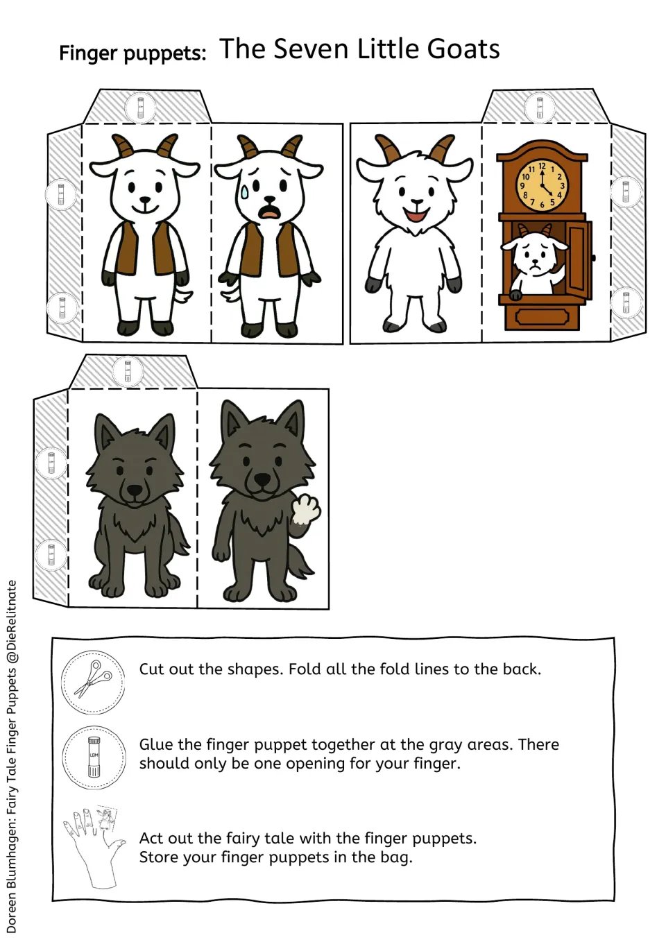 Colour finger puppets: goat in a vest, youngest goat smiling and hiding in the clock, and the wolf, plus cut-fold-glue steps