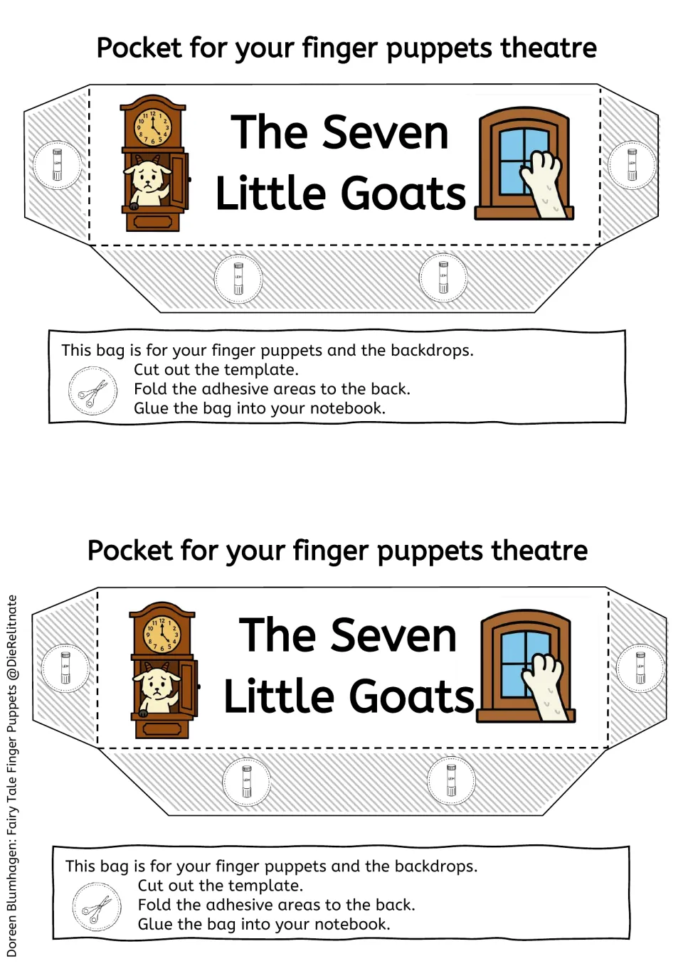 Storage pocket templates showing the clock and a paw at the window; students cut, fold the flaps and glue it in a notebook
