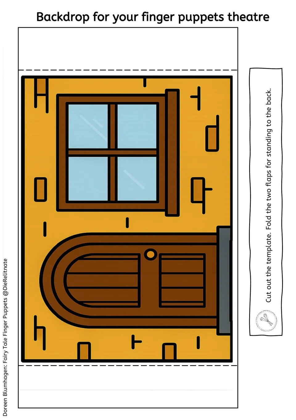 Backdrop cut-out: yellow house wall with a window and wooden door; students cut it out and fold two flaps so it stands up