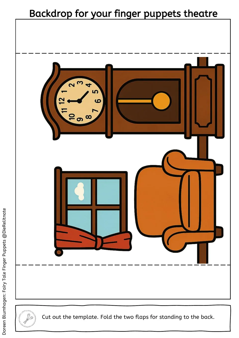 Backdrop cut-out: living room with grandfather clock, curtained window and orange armchair, folded to stand behind puppets