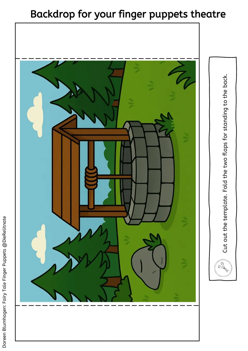 Backdrop cut-out: stone well with a wooden roof in a meadow of fir trees, a scene students stand up for puppet play