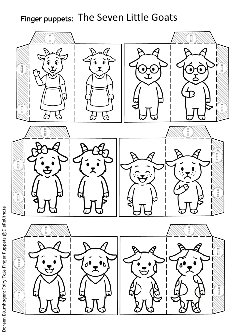 Black-and-white puppets to colour: mother goat in an apron and five little goats, each with a happy side and a sad side