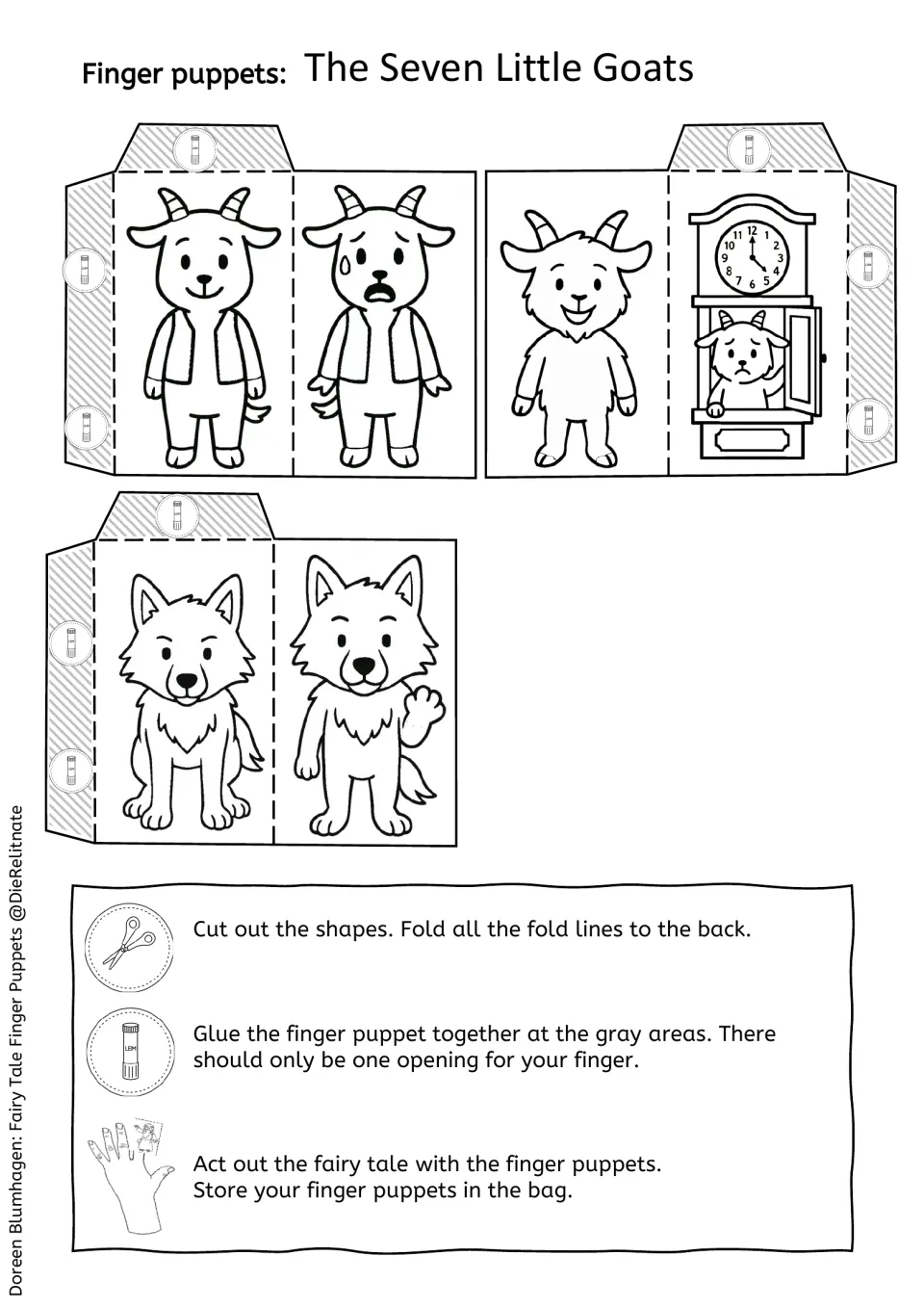 Black-and-white puppets to colour: vest goat, youngest goat in the clock and two wolf poses, plus steps to cut, fold and glue