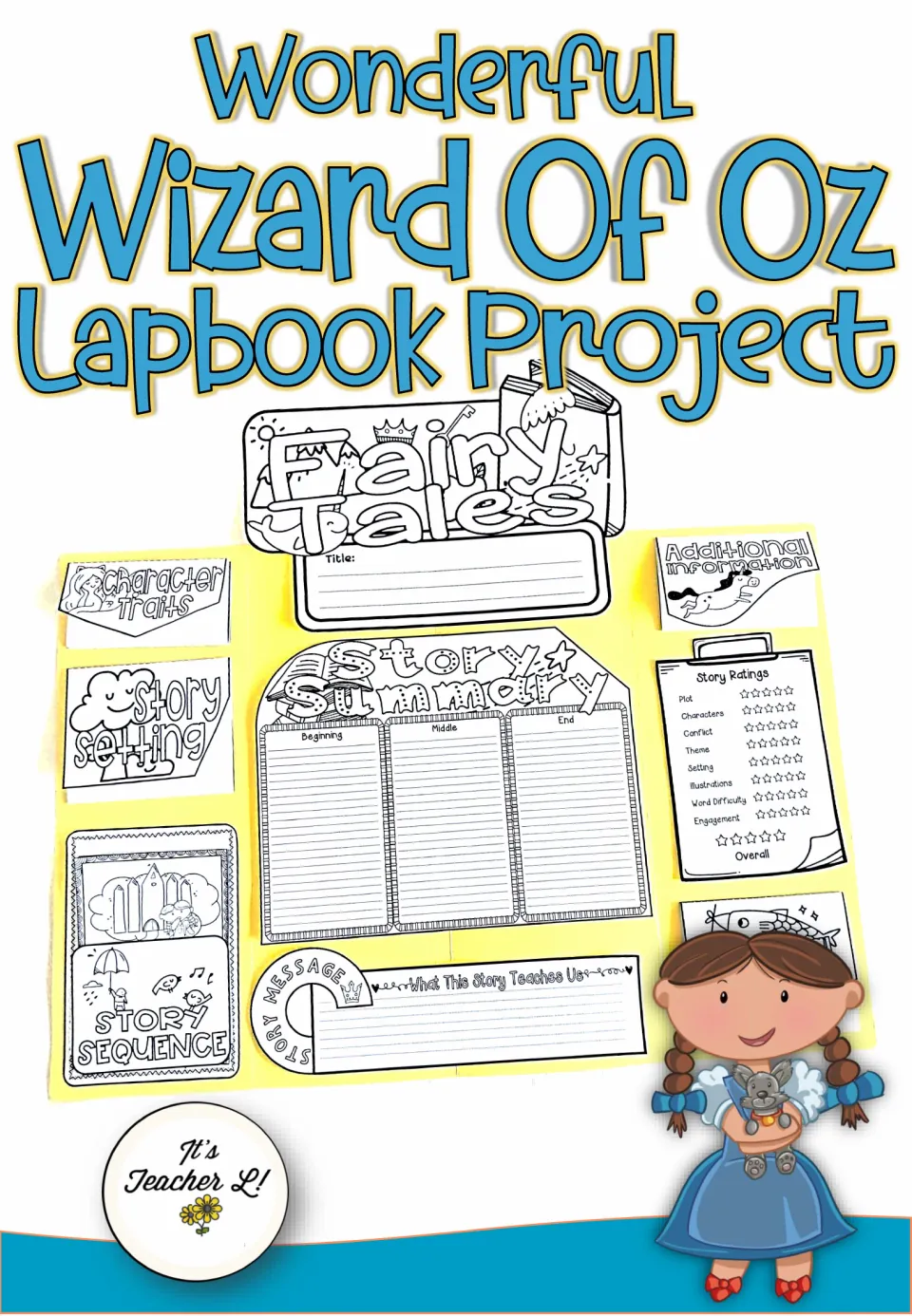 Lapbook project cover showing an assembled example with story summary, character traits, and story ratings