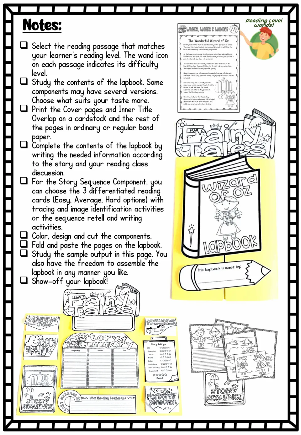 Lapbook assembly notes explain reading levels, paper choices, sequencing options, coloring, and folding