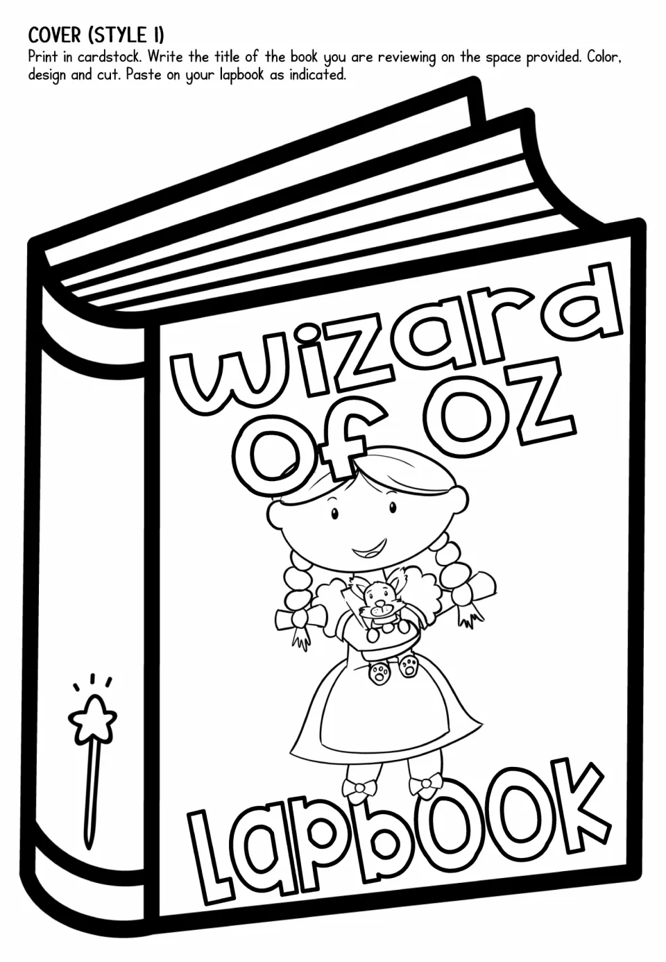 Lapbook cover option 1 features Dorothy holding Toto on a closed-book template to color, cut, and paste