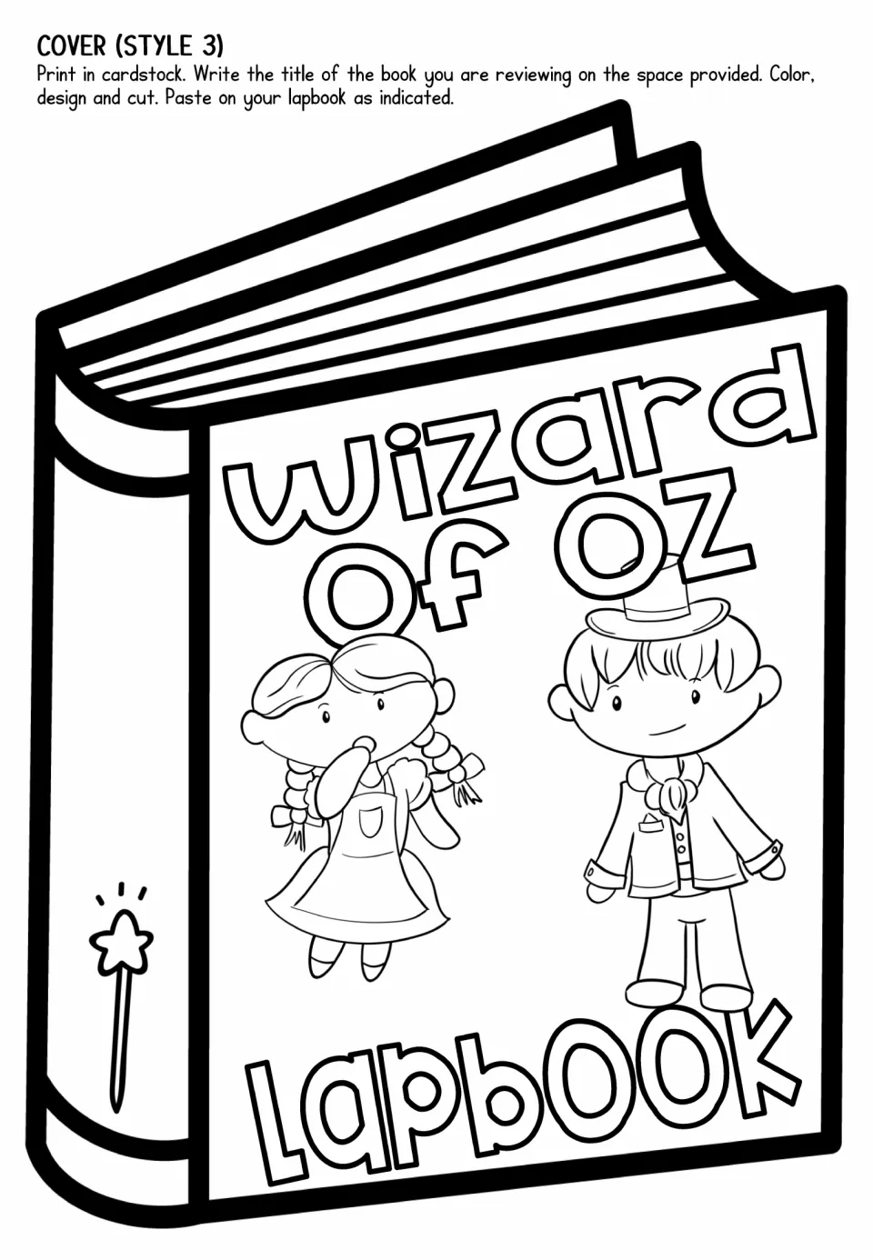 Lapbook cover option 3 features Dorothy and the Wizard on a closed-book template to color, cut, and paste