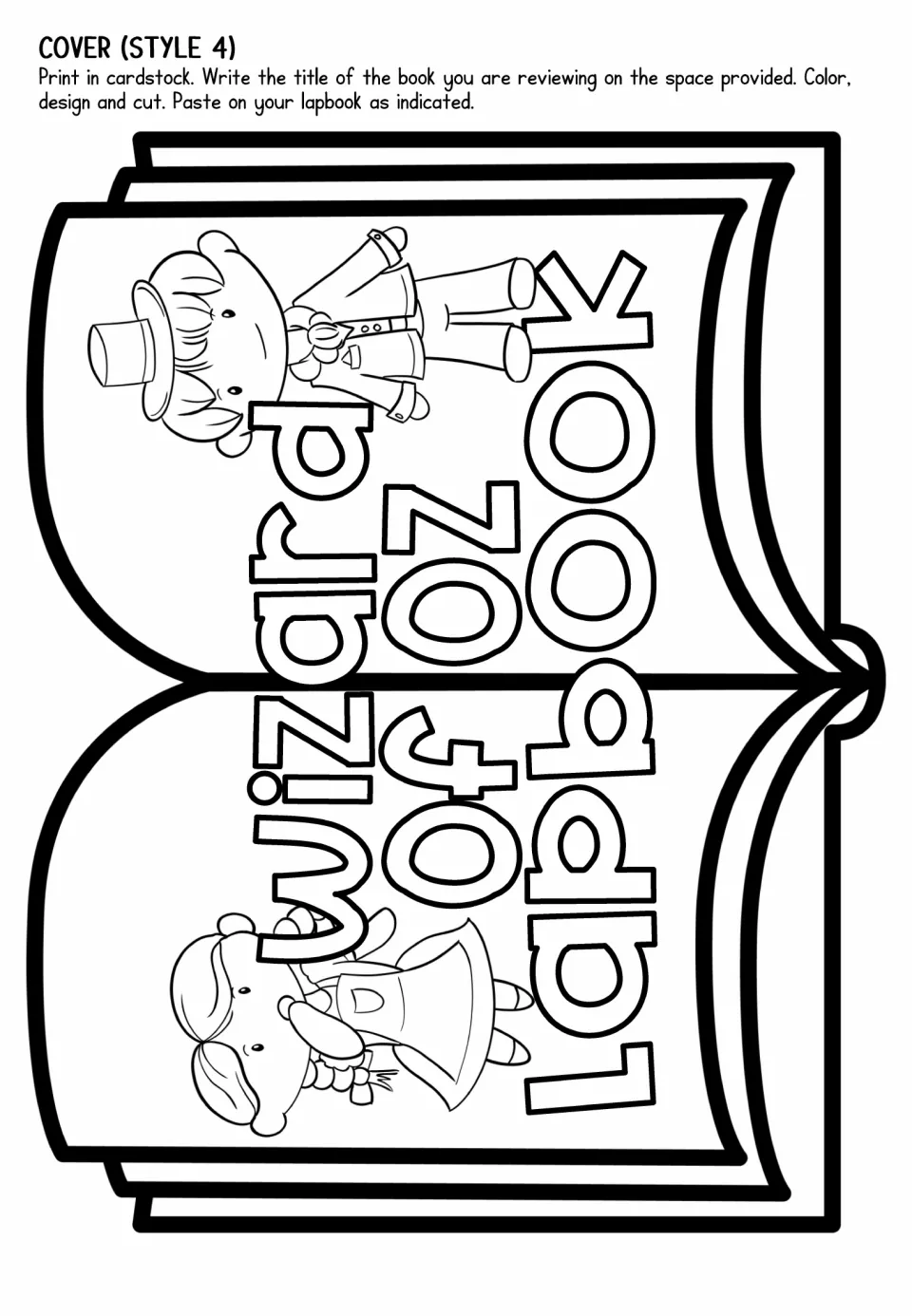 Lapbook cover option 4 features Dorothy and the Wizard on an open-book template to color, cut, and paste