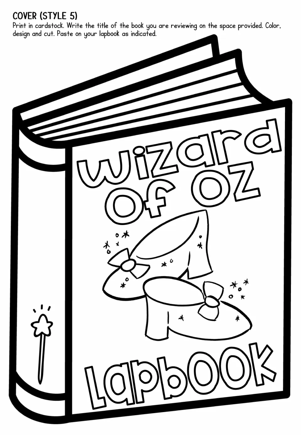 Lapbook cover option 5 features a pair of magical slippers on a book-shaped template to color and cut out