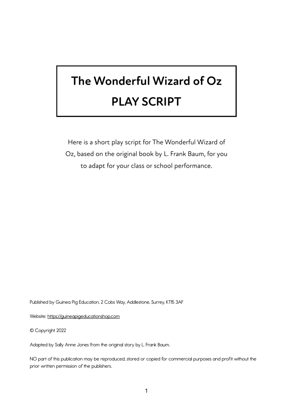 Wizard of Oz play script title page: a short script adapted from L. Frank Baum's book for class or school performance