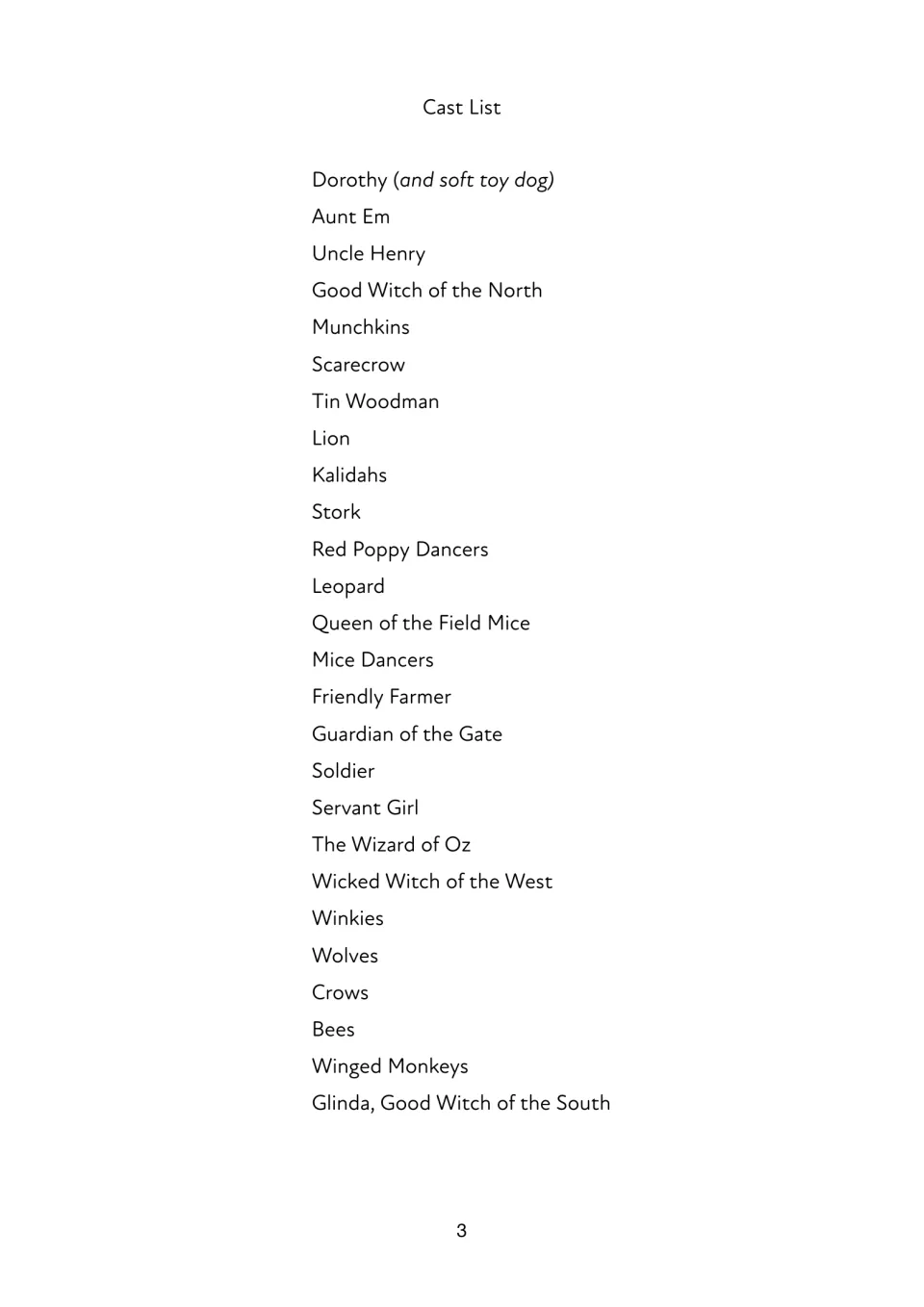 Cast list of 26 roles, from Dorothy with a soft toy dog and Aunt Em to Winged Monkeys and Glinda, Good Witch of the South