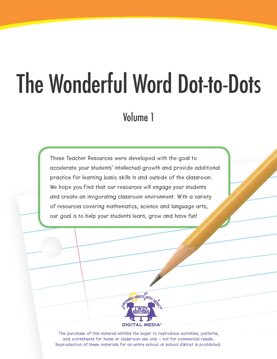 The Wonderful Word Dot-to-Dots Volume 1 cover from Twin Sisters, with a note on practice for basic skills and use terms