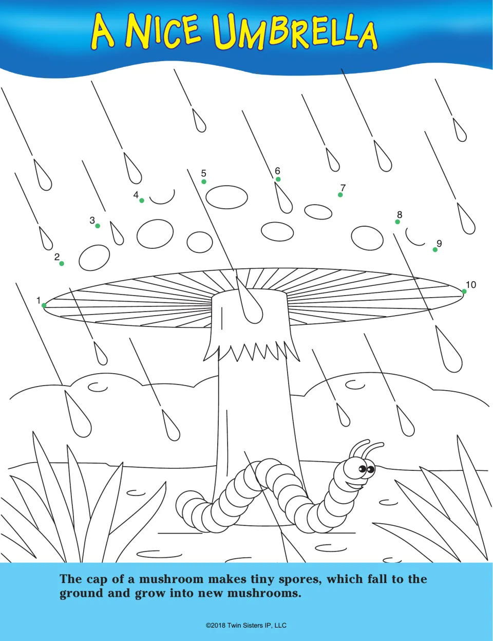 A Nice Umbrella: students join dots 1 to 10 to finish a mushroom cap over a worm, then read a fact about spores