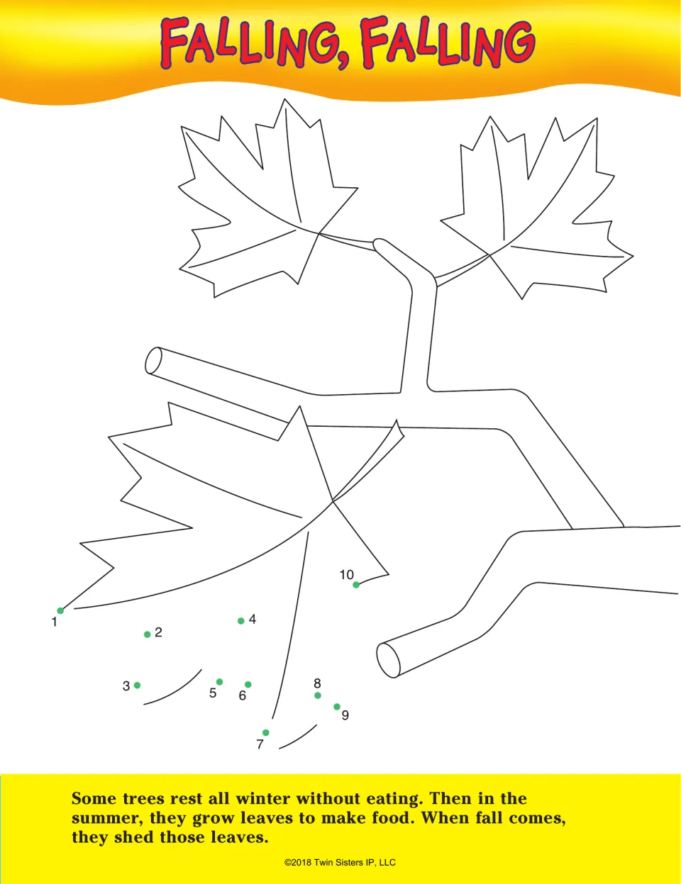 Falling, Falling: students connect dots 1 to 10 to finish a maple leaf and read why trees shed leaves in fall
