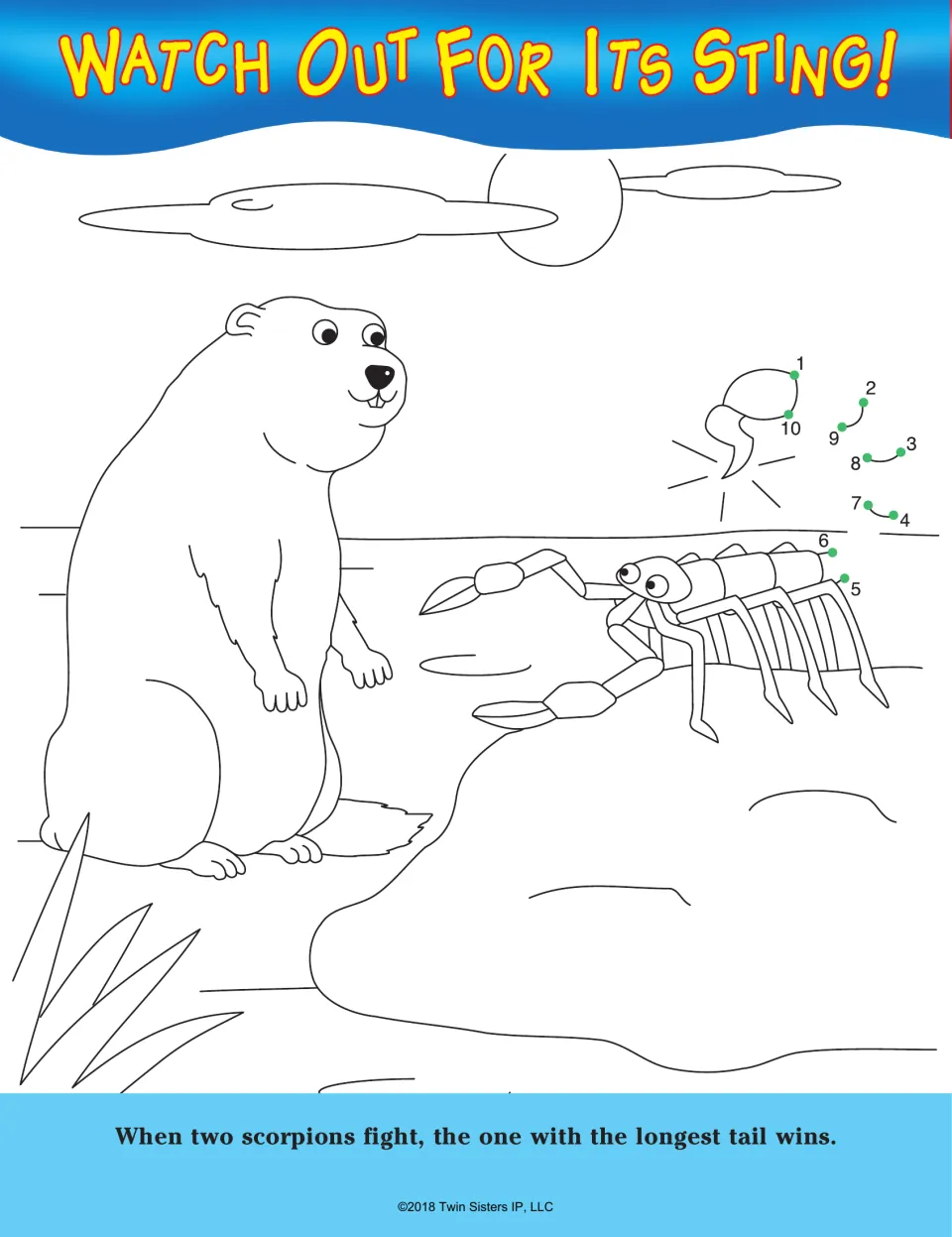 Watch Out for Its Sting!: students join dots 1 to 10 to draw a scorpion's tail beside a groundhog, plus a scorpion fact