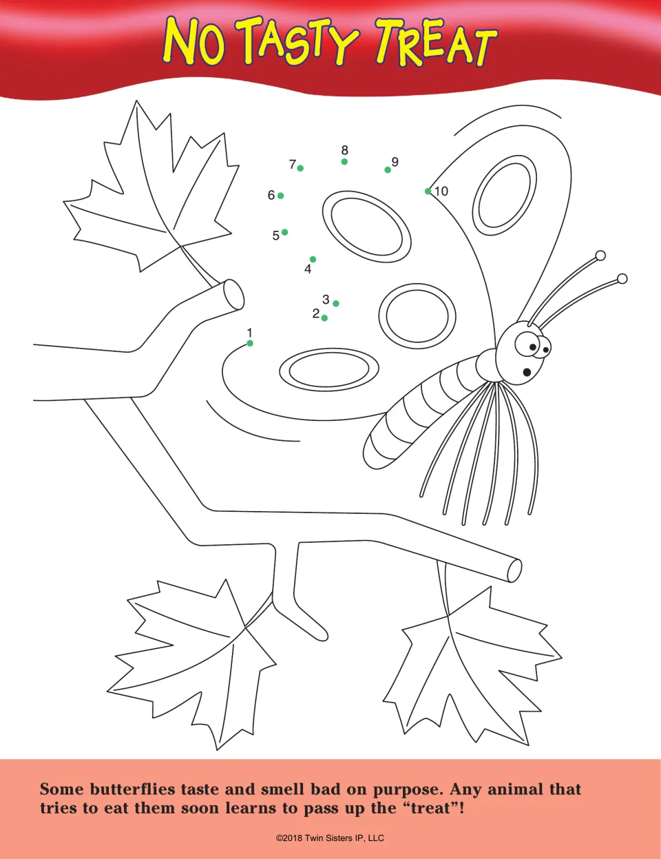 No Tasty Treat: students connect dots 1 to 10 to finish a butterfly's wing, then read why some butterflies taste bad