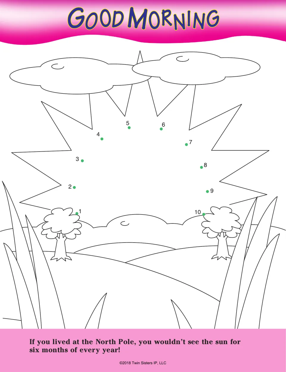 Good Morning: students connect dots 1 to 10 to draw the sun rising over hills, then read a North Pole sunlight fact