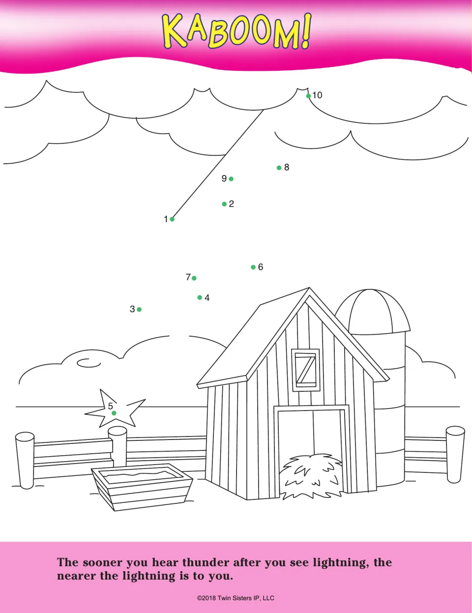 Kaboom!: students join dots 1 to 10 to draw a lightning bolt over a barn, plus a fact on thunder and lightning distance