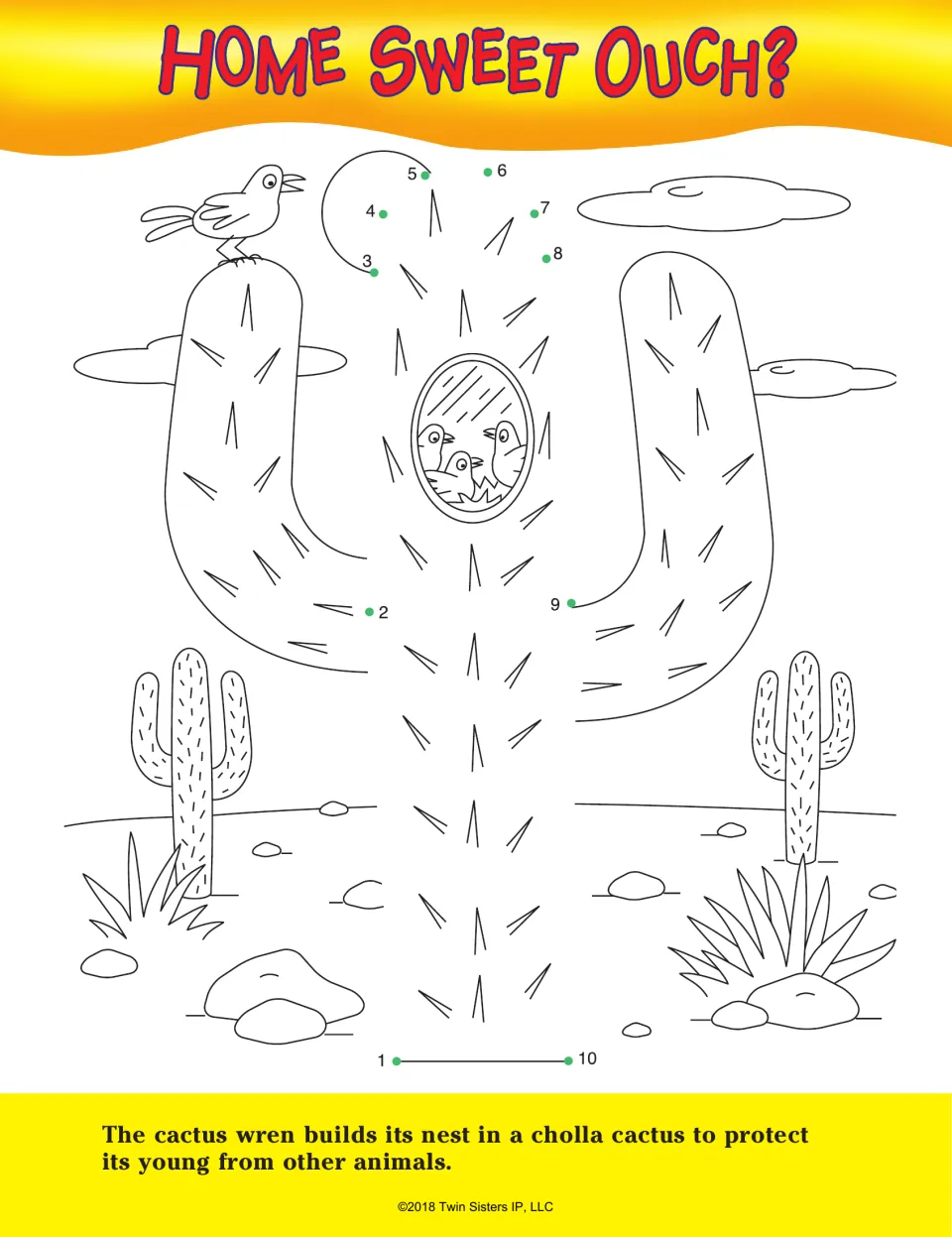 Home Sweet Ouch?: students connect dots 1 to 10 to outline a cholla cactus holding a wren nest, plus a cactus wren fact