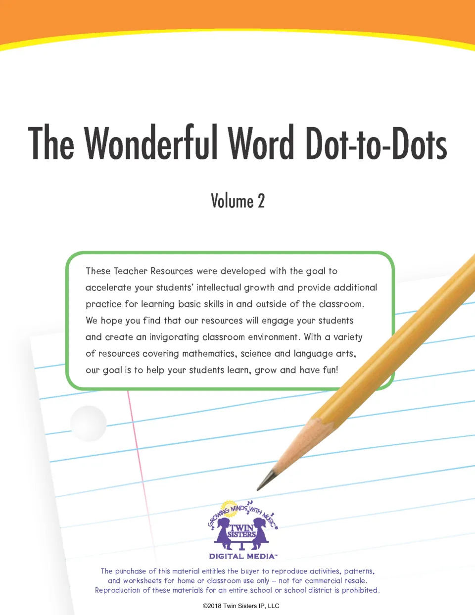 Cover of The Wonderful Word Dot-to-Dots, Volume 2, from Twin Sisters with a note to teachers and a classroom-use notice