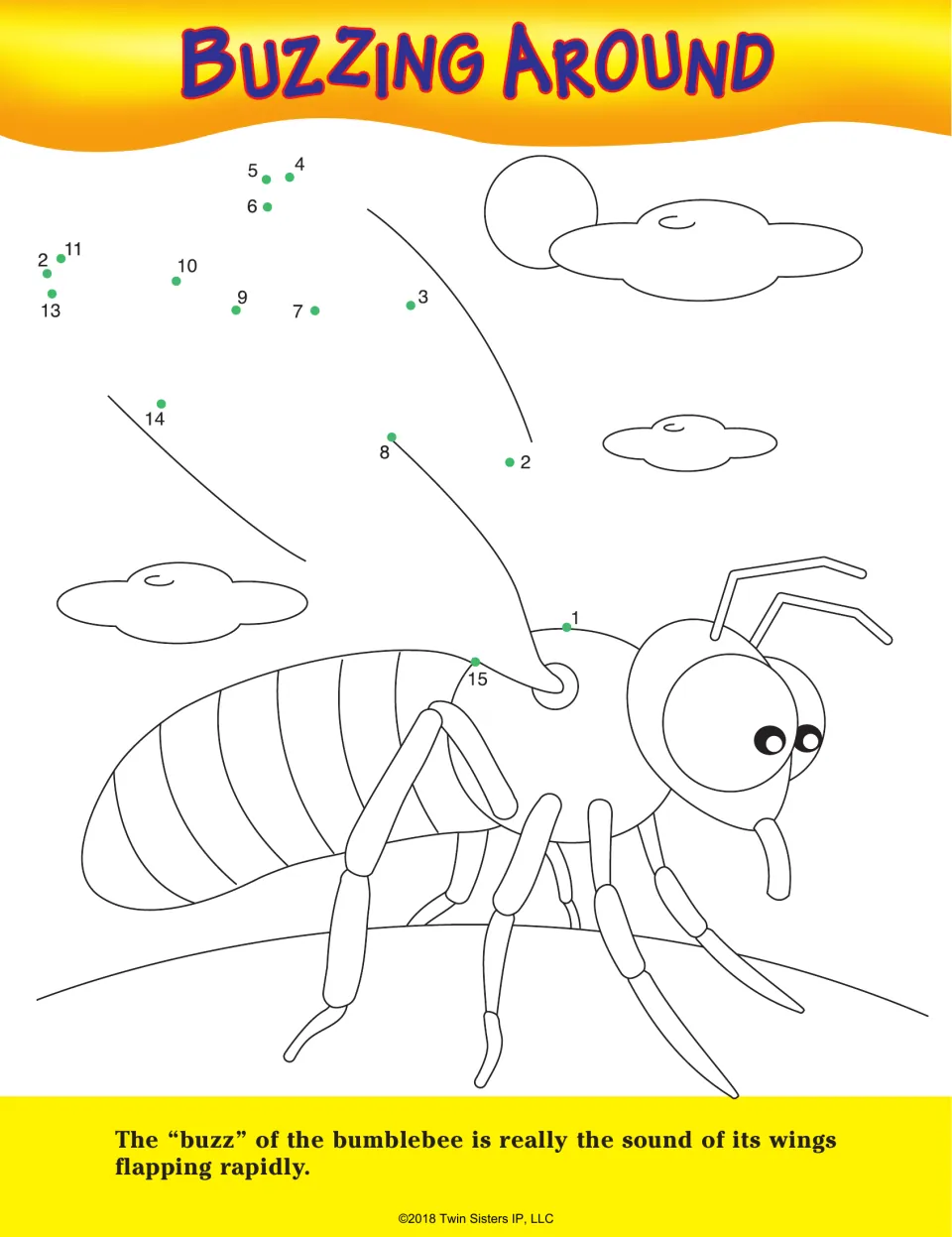 Buzzing Around: students connect dots 1 to 15 to draw a bumblebee's wings, then read a fact about why bees buzz
