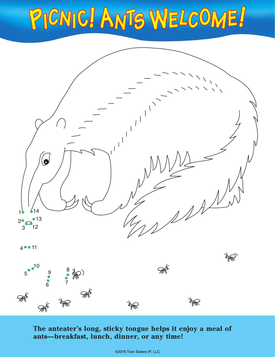 Picnic! Ants Welcome!: students connect dots 1 to 14 to draw an anteater's long tongue reaching toward a trail of ants