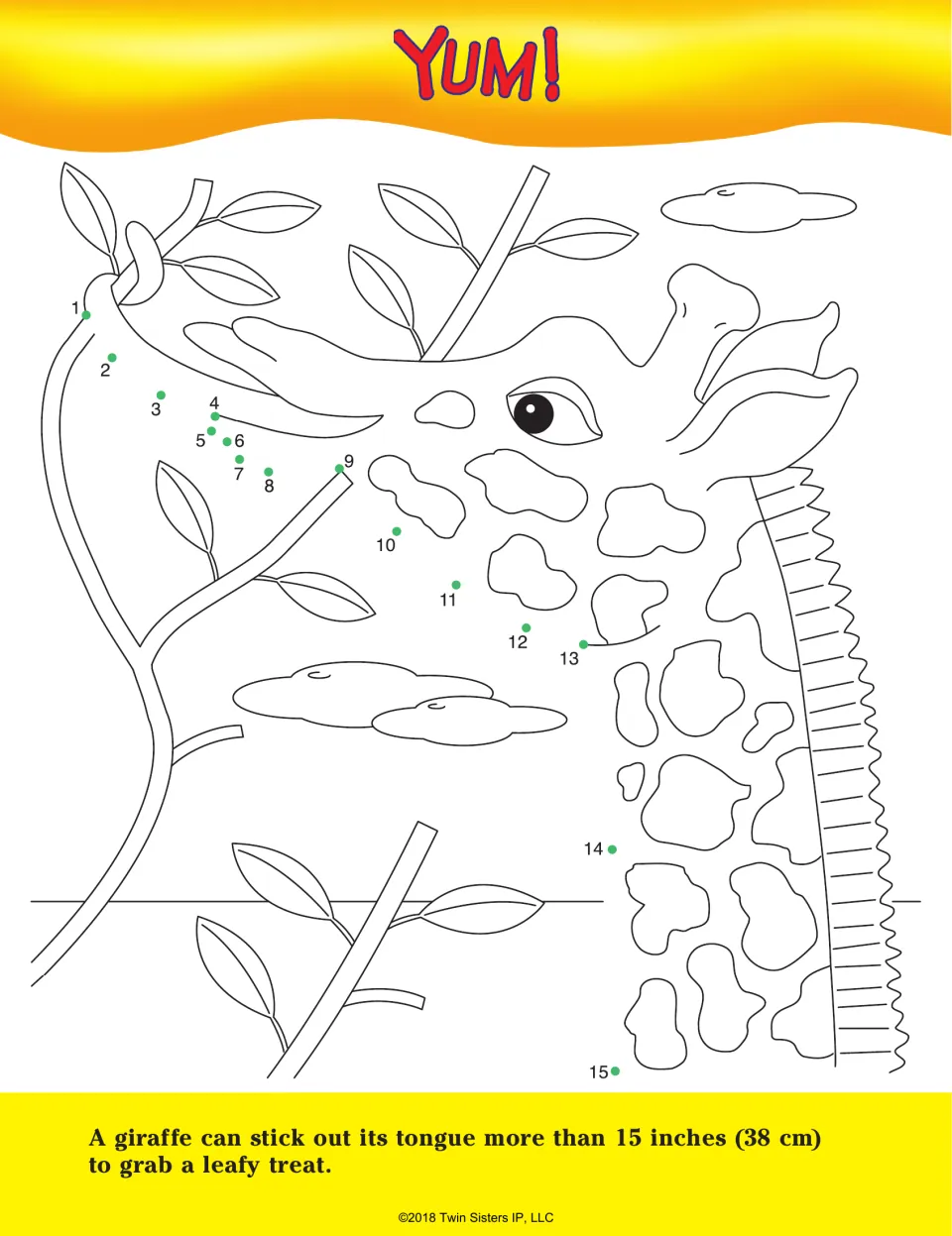 Yum!: students connect dots 1 to 15 to draw a giraffe's tongue and neck as it reaches for leaves on a branch