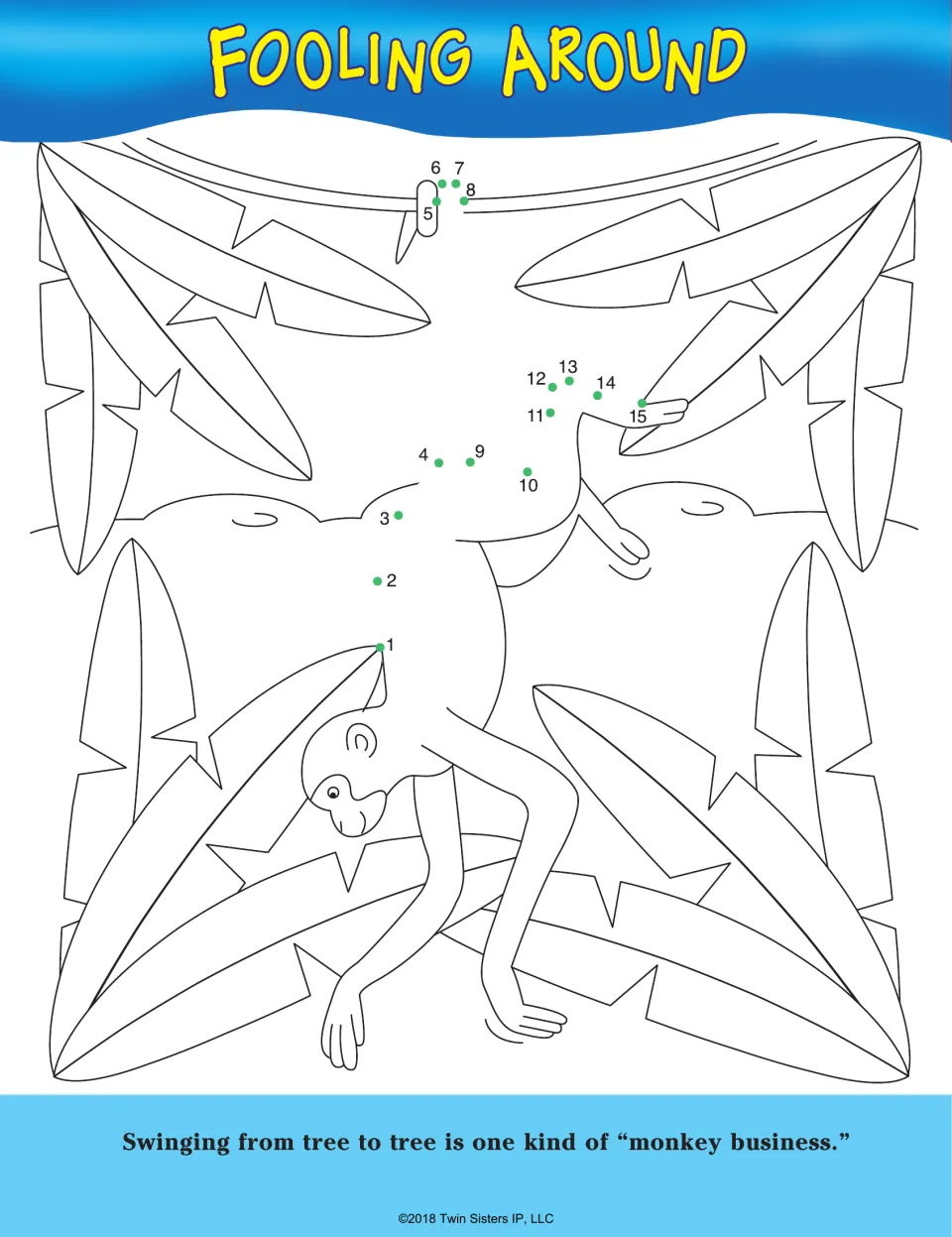 Fooling Around: students join dots 1 to 15 to draw a monkey's tail and arm as it hangs upside down among jungle leaves