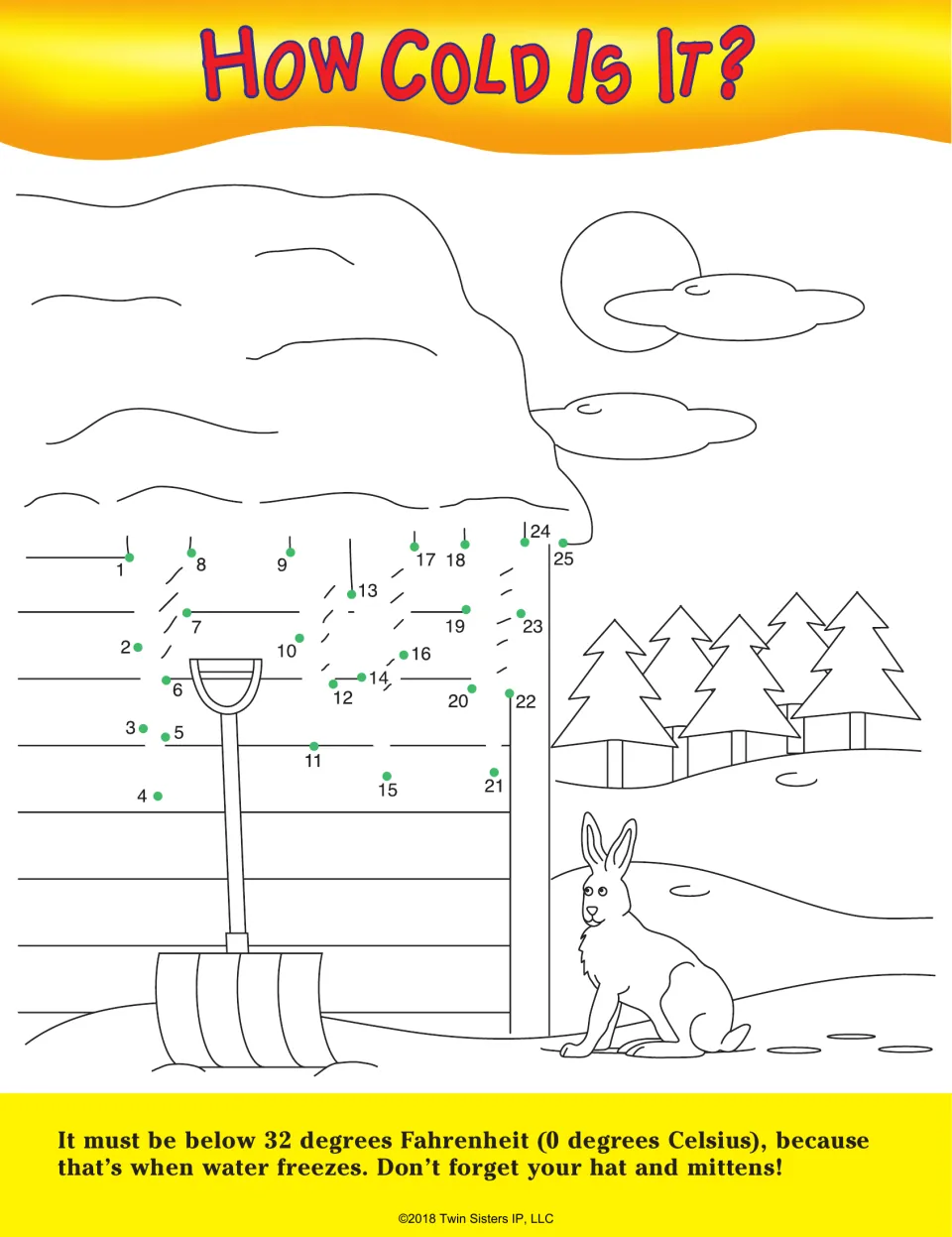 How Cold Is It?: students join dots 1 to 25 in a snowy scene with a shovel and hare, then read when water freezes
