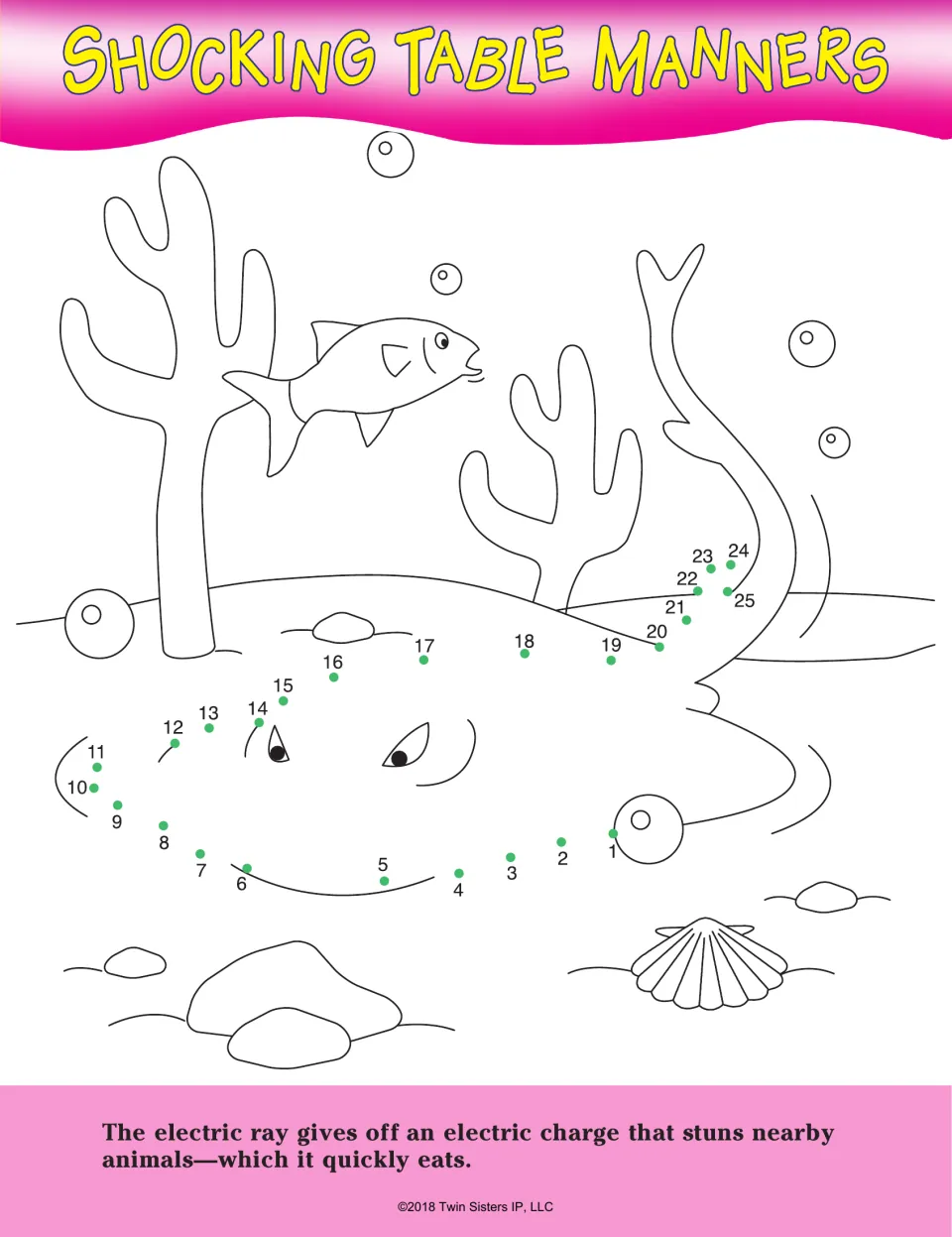 Shocking Table Manners dot-to-dot: students join dots 1 to 25 to reveal an electric ray on the seafloor, with a ray fact