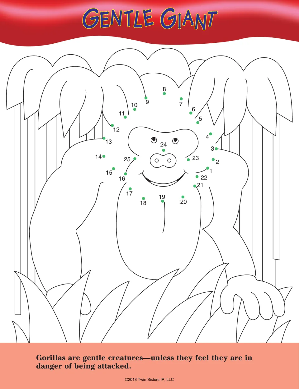 Gentle Giant dot-to-dot: students connect dots 1 to 25 around a gorilla's head in the jungle, with a gorilla fact
