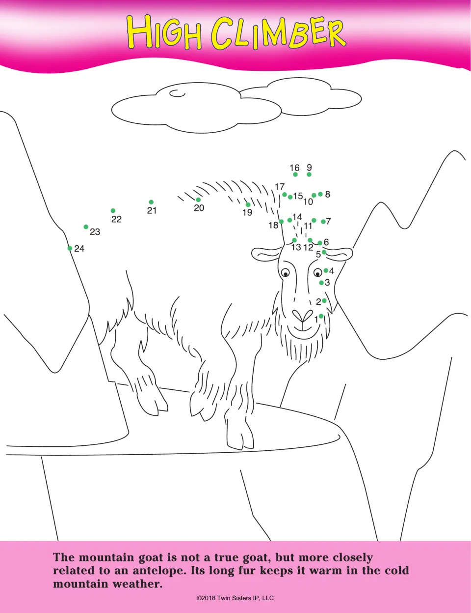 High Climber dot-to-dot: students connect dots 1 to 24 to draw a mountain goat's horns and back, with a fur fact