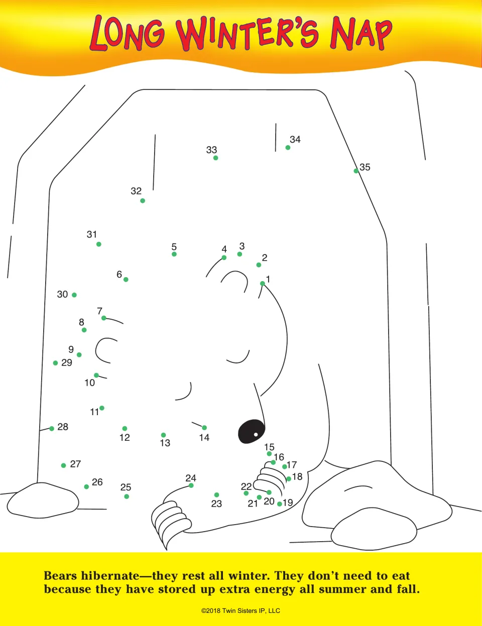 Long Winter's Nap dot-to-dot: students connect dots 1 to 35 to draw a bear sleeping in a cave and read about hibernation
