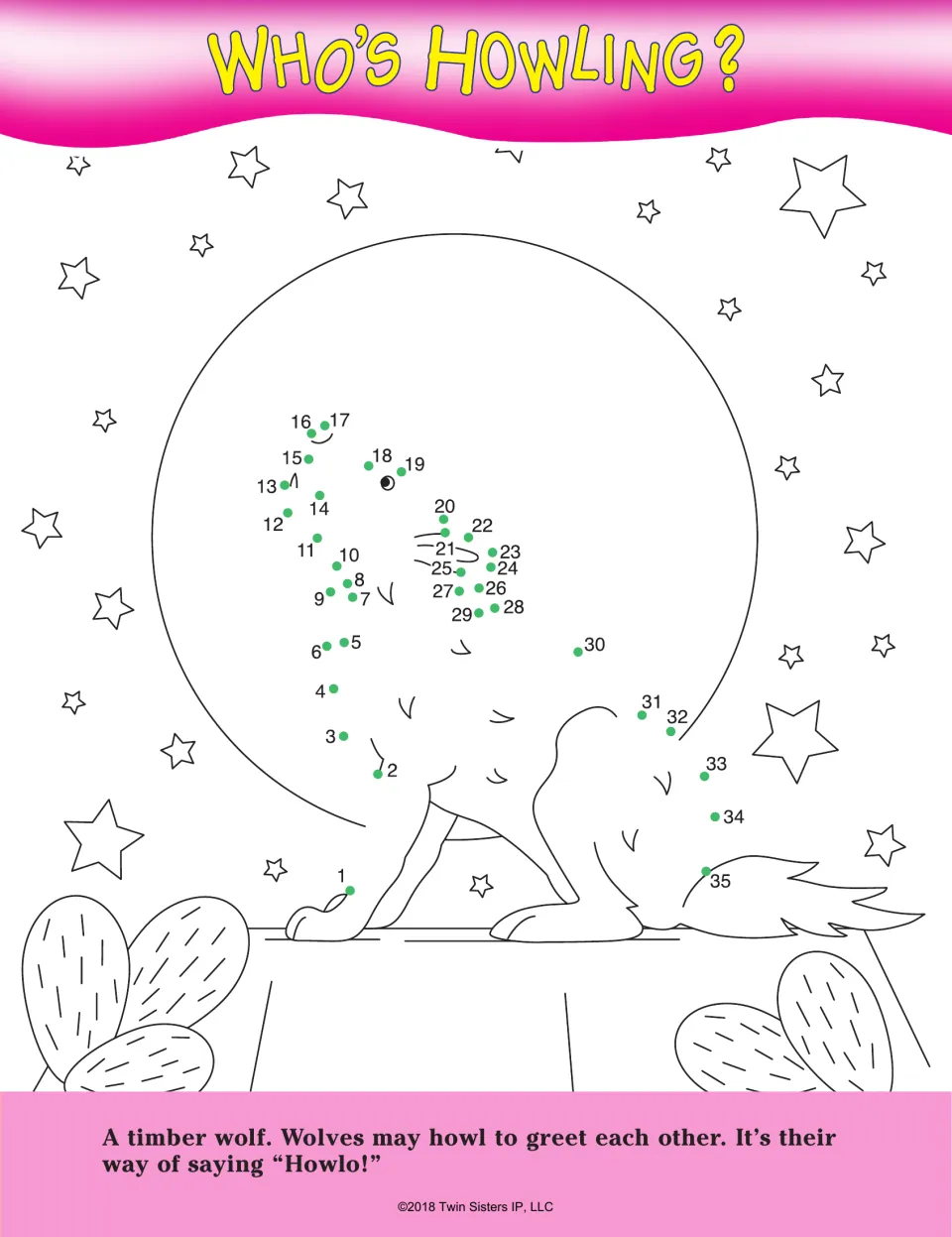 Who's Howling? dot-to-dot: students join dots 1 to 35 to draw a timber wolf howling at the full moon, with a wolf fact