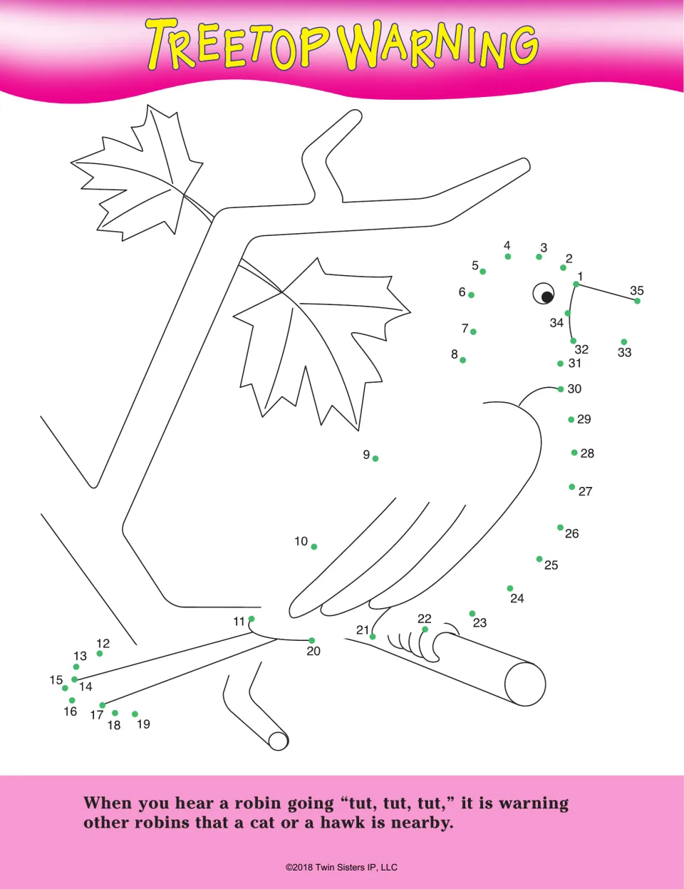 Treetop Warning dot-to-dot: students connect dots 1 to 35 to draw a robin perched on a branch and learn its warning call