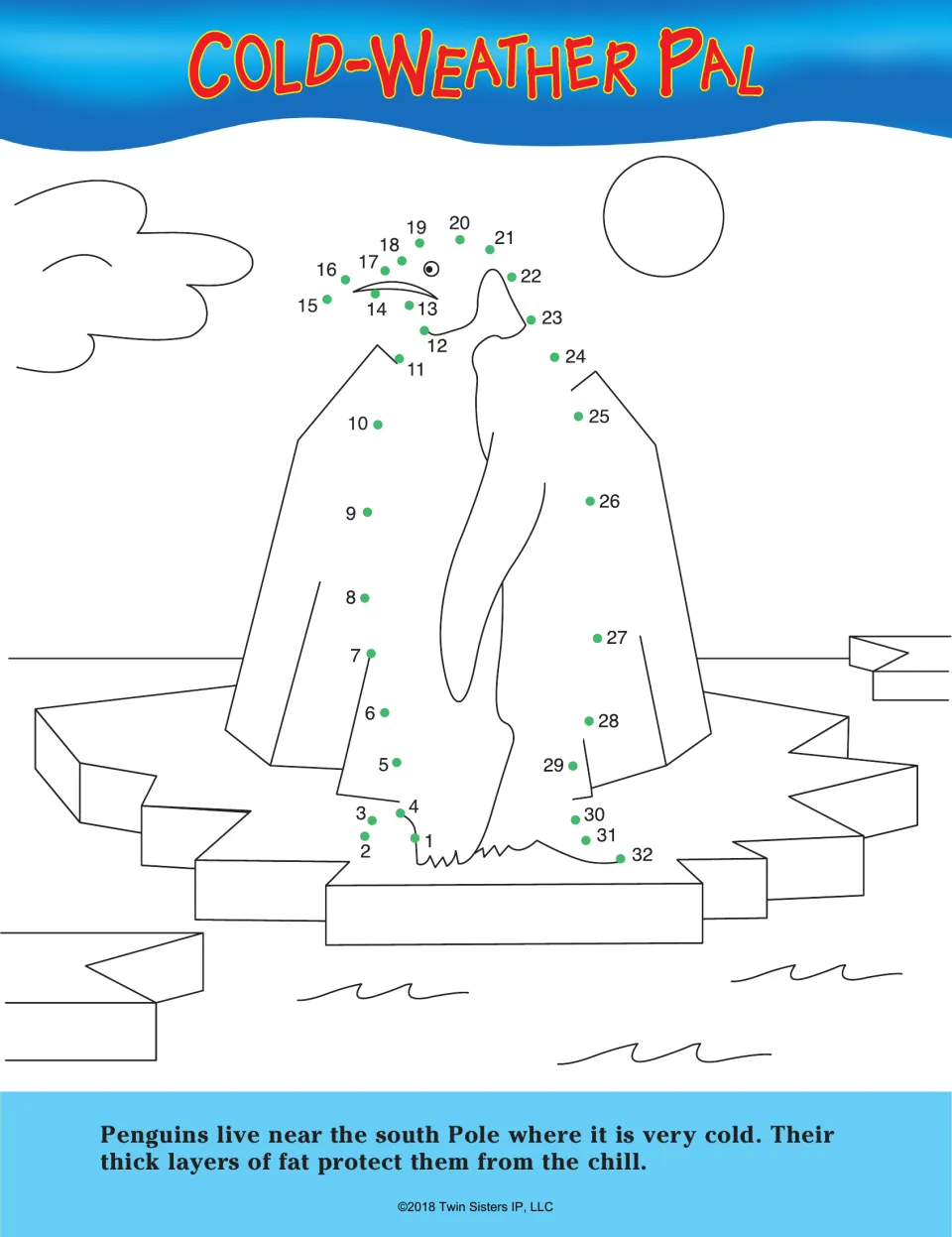 Cold-Weather Pal: students join dots 1 to 32 to draw a penguin on an iceberg, plus a fact about penguin fat layers