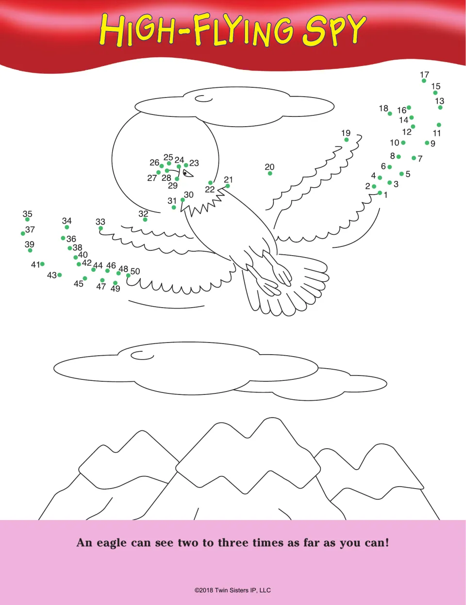 High-Flying Spy: students count from 1 to 50 joining dots to complete an eagle over mountains, with an eyesight fact