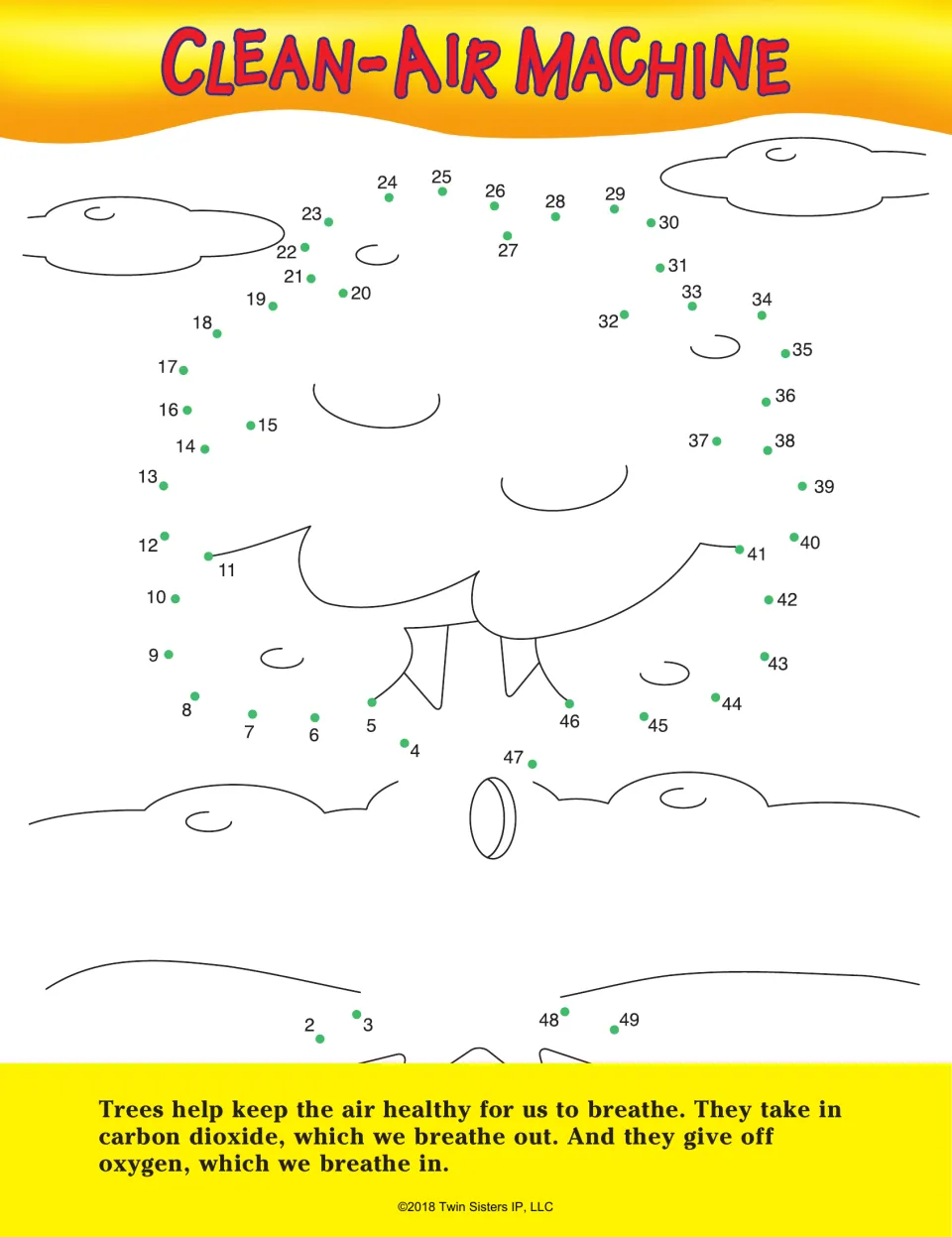 Clean-Air Machine: students connect dots 1 to 49 to draw a tree canopy, with a fact about trees taking in carbon dioxide