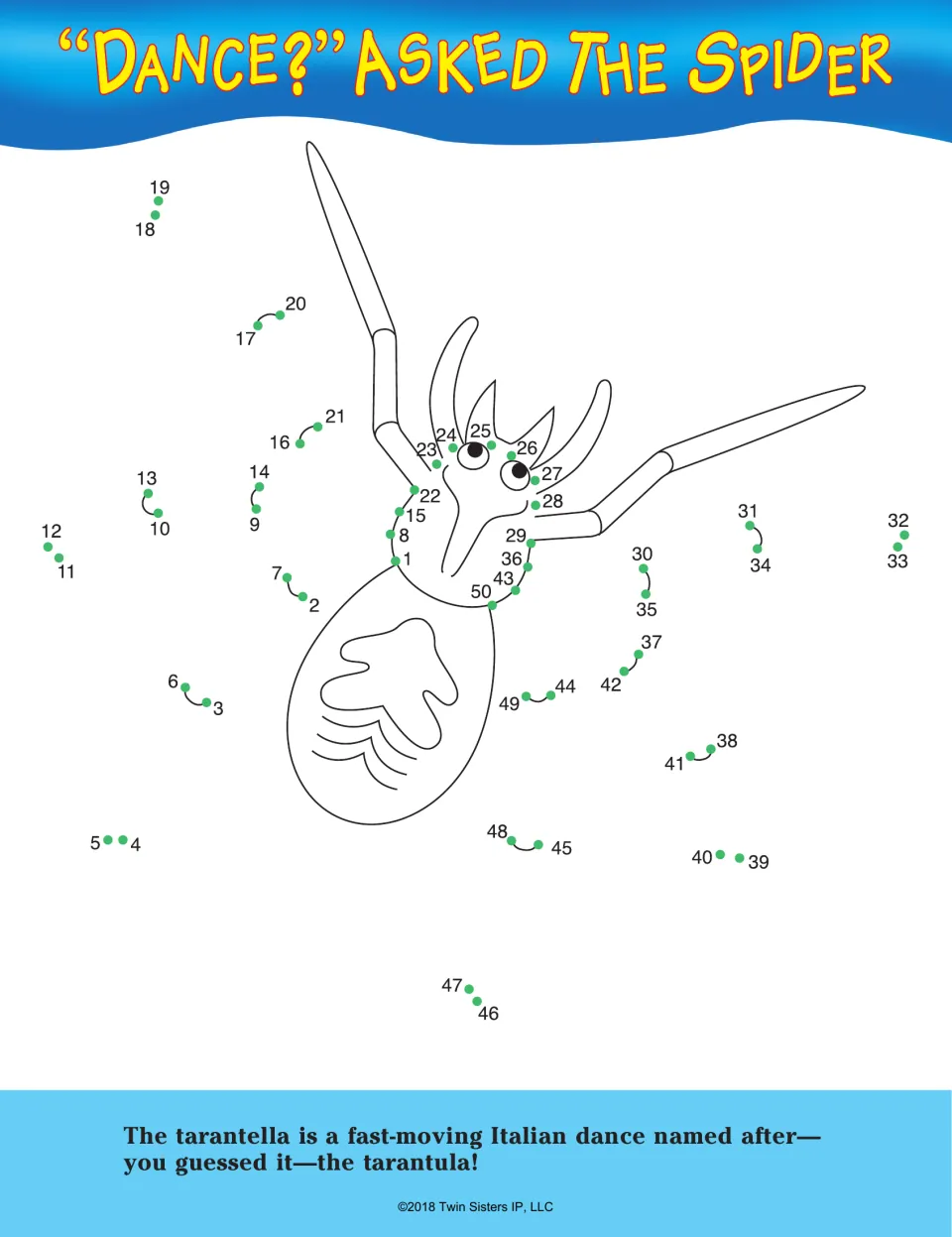 "Dance?" Asked the Spider: students join dots 1 to 50 to add a tarantula's legs, with a fact about the tarantella dance