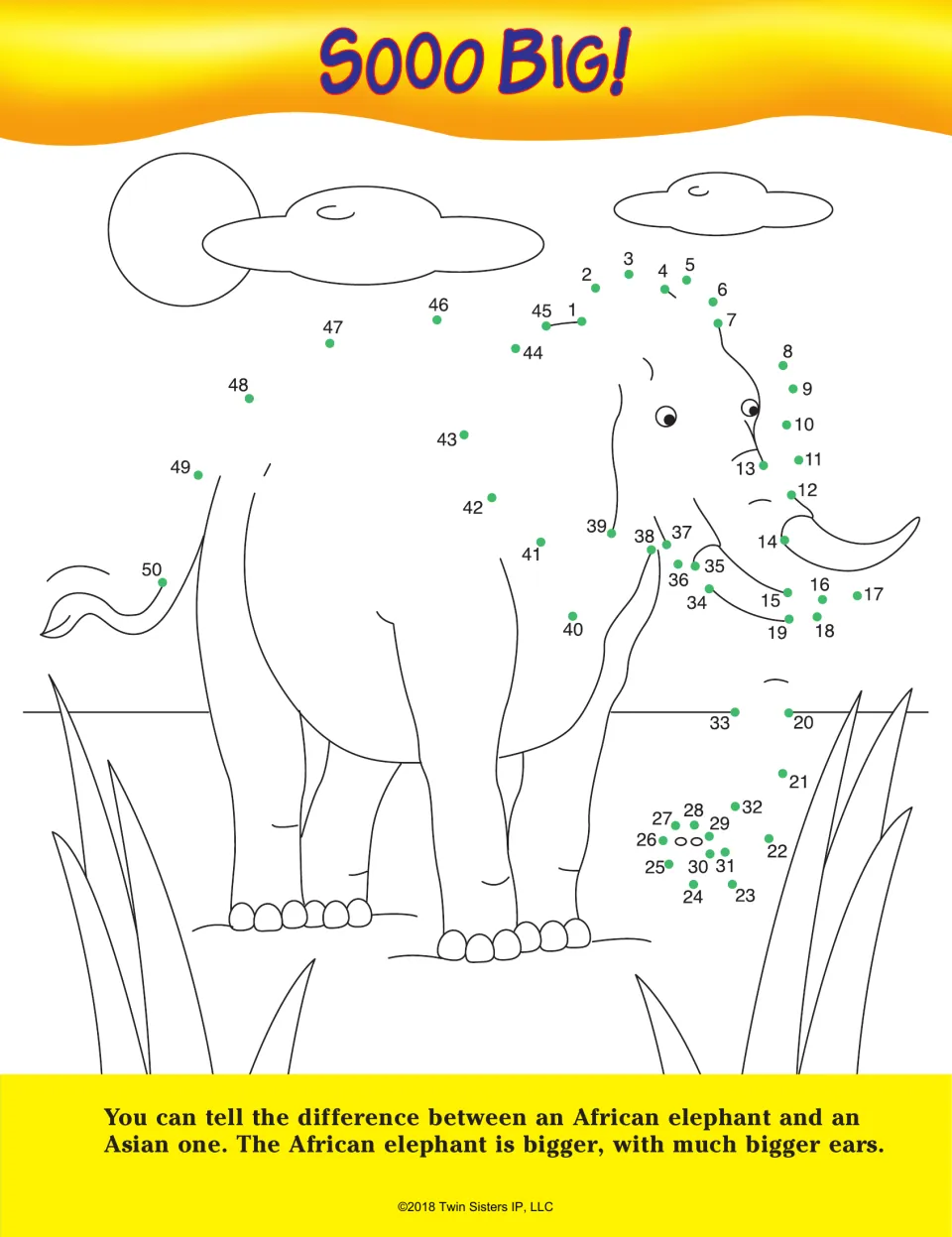 Sooo Big!: students link dots 1 to 50 to complete an elephant, plus a fact on African versus Asian elephants