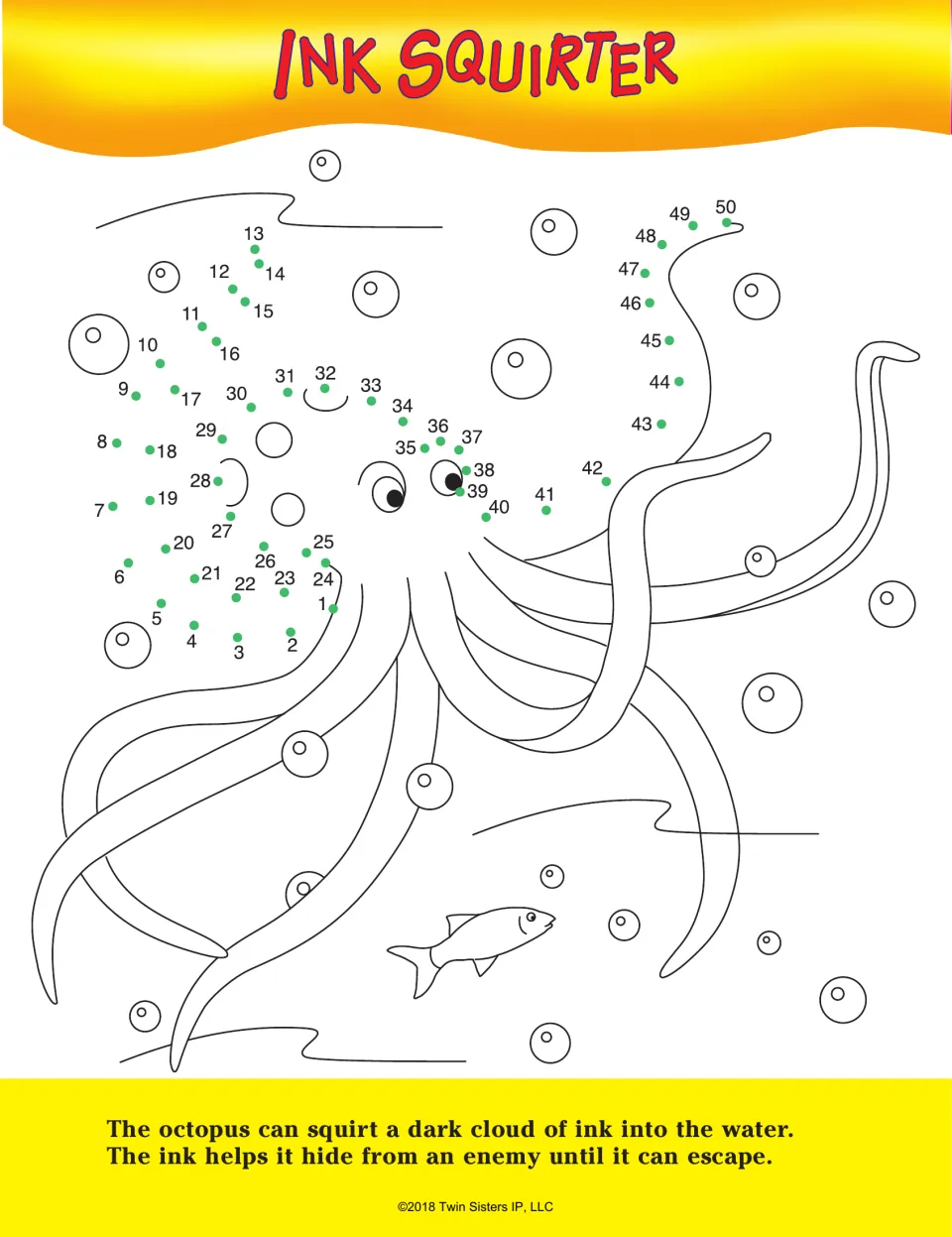 Ink Squirter: students count 1 to 50 joining dots to finish an octopus, with a fact about squirting dark ink