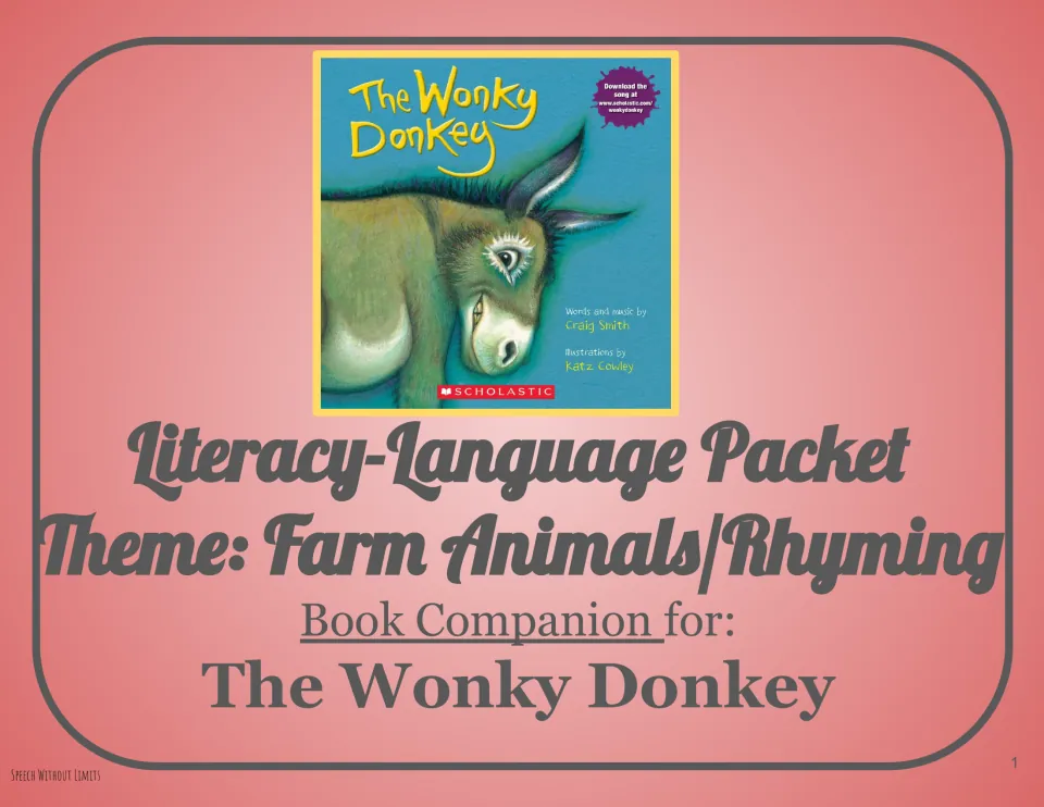 Cover of a farm animals and rhyming literacy-language packet for The Wonky Donkey, showing the book's donkey cover art