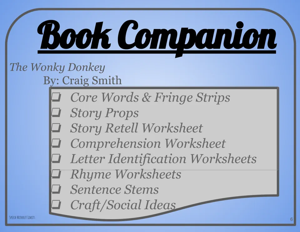 Book Companion checklist for Craig Smith's story: core words, fringe strips, props, retell, rhyme and sentence stem pages