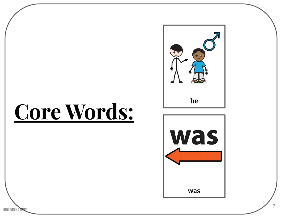 Core Words he and was: two symbol cards for modeling these high-use words while reading aloud