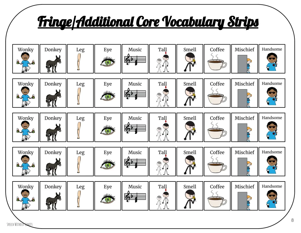 Fringe vocabulary strips: five repeated rows of picture symbols for wonky, donkey, leg, eye, music, tall, coffee, mischief