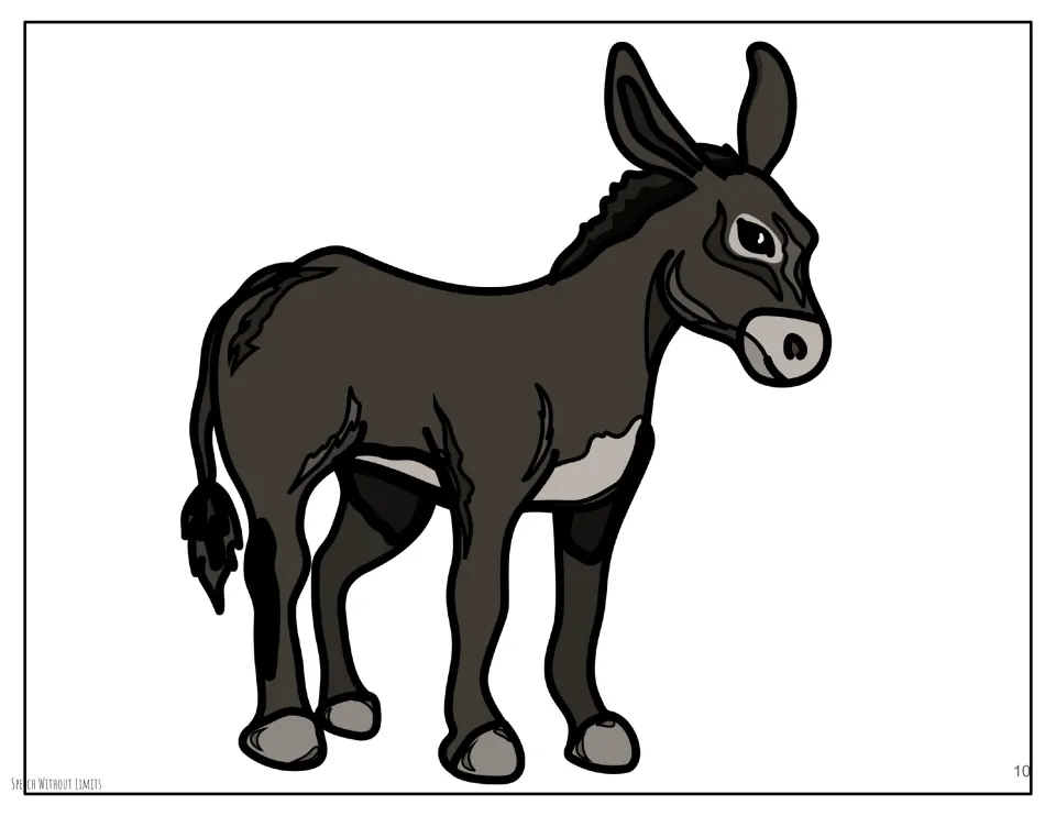Large donkey illustration used as the base for attaching the laminated story prop accessories during the read-aloud